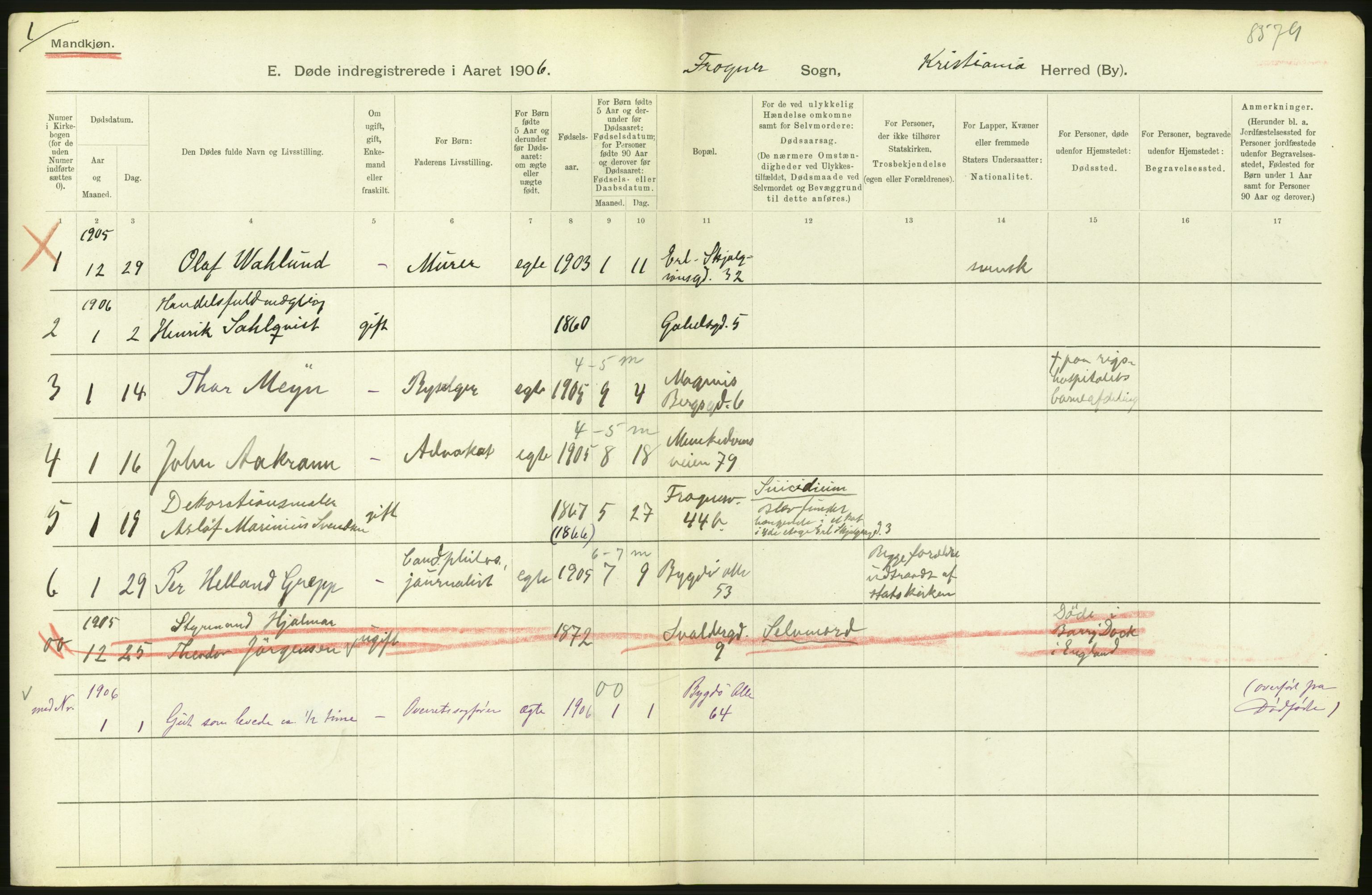 Statistisk sentralbyrå, Sosiodemografiske emner, Befolkning, AV/RA-S-2228/D/Df/Dfa/Dfad/L0009: Kristiania: Døde, 1906, p. 480