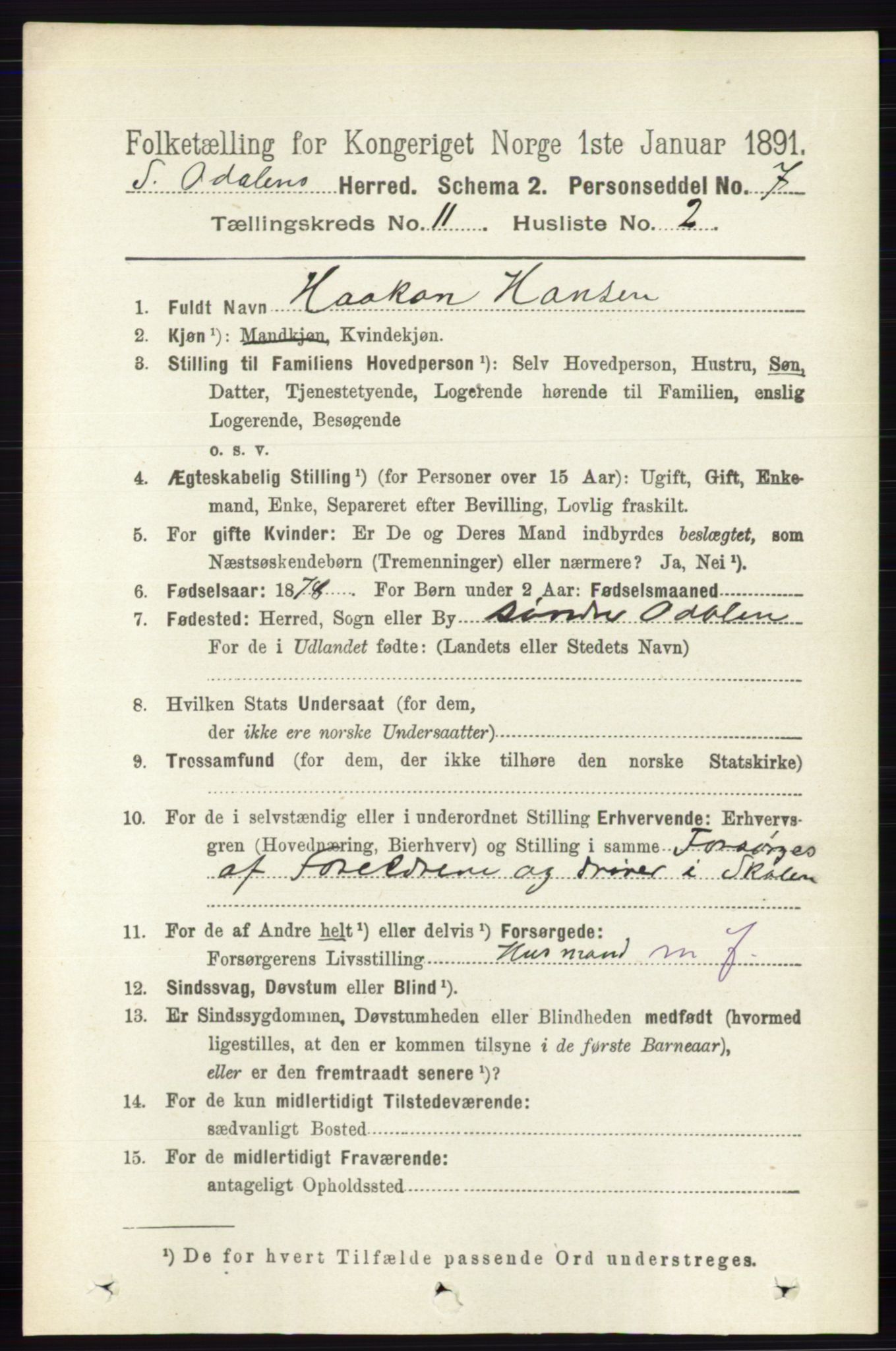 RA, 1891 census for 0419 Sør-Odal, 1891, p. 4913