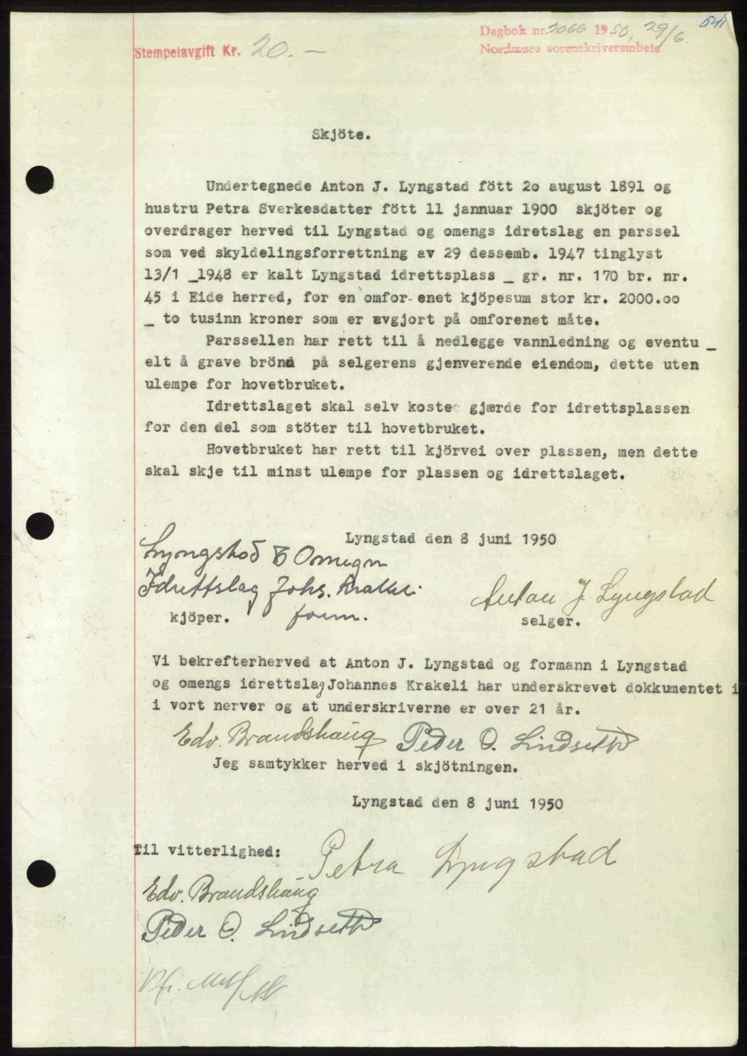 Nordmøre sorenskriveri, AV/SAT-A-4132/1/2/2Ca: Mortgage book no. A115, 1950-1950, Diary no: : 2066/1950