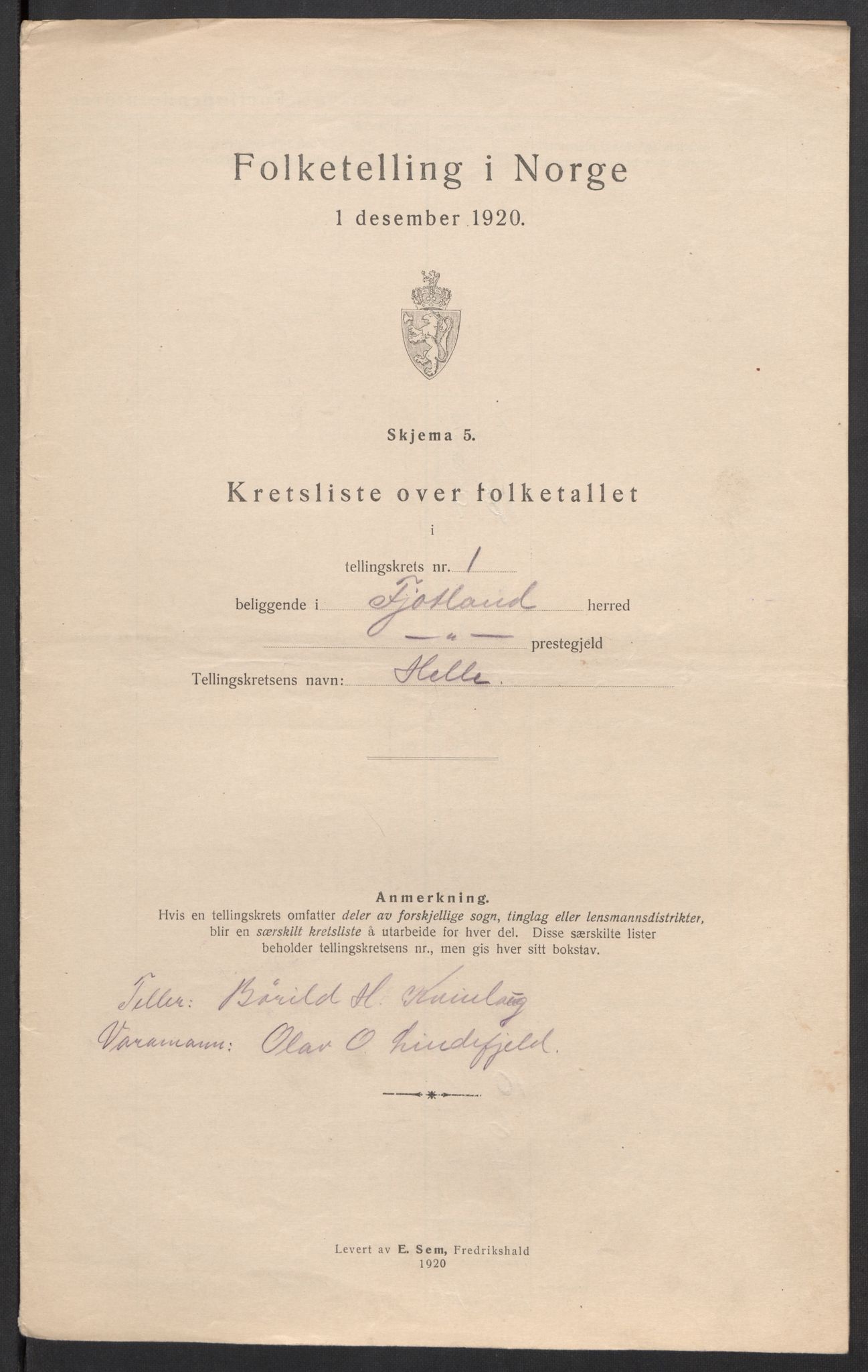 SAK, 1920 census for Fjotland, 1920, p. 7