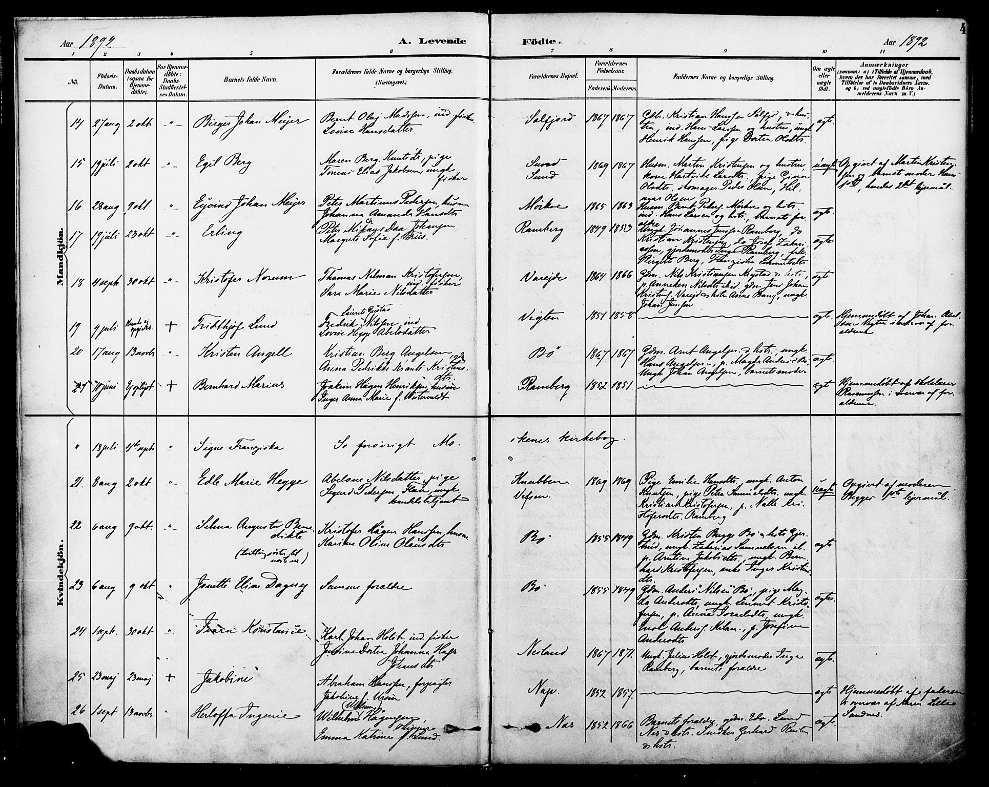 Ministerialprotokoller, klokkerbøker og fødselsregistre - Nordland, AV/SAT-A-1459/885/L1205: Parish register (official) no. 885A06, 1892-1905, p. 4