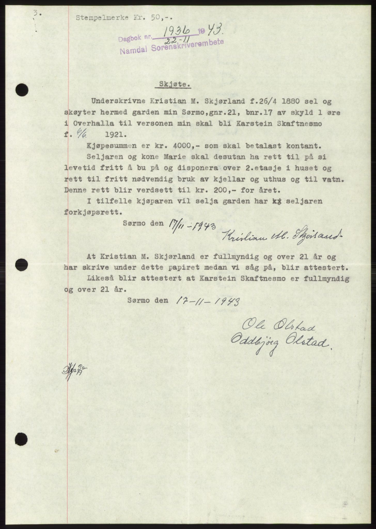 Namdal sorenskriveri, AV/SAT-A-4133/1/2/2C: Mortgage book no. -, 1943-1944, Diary no: : 1936/1943