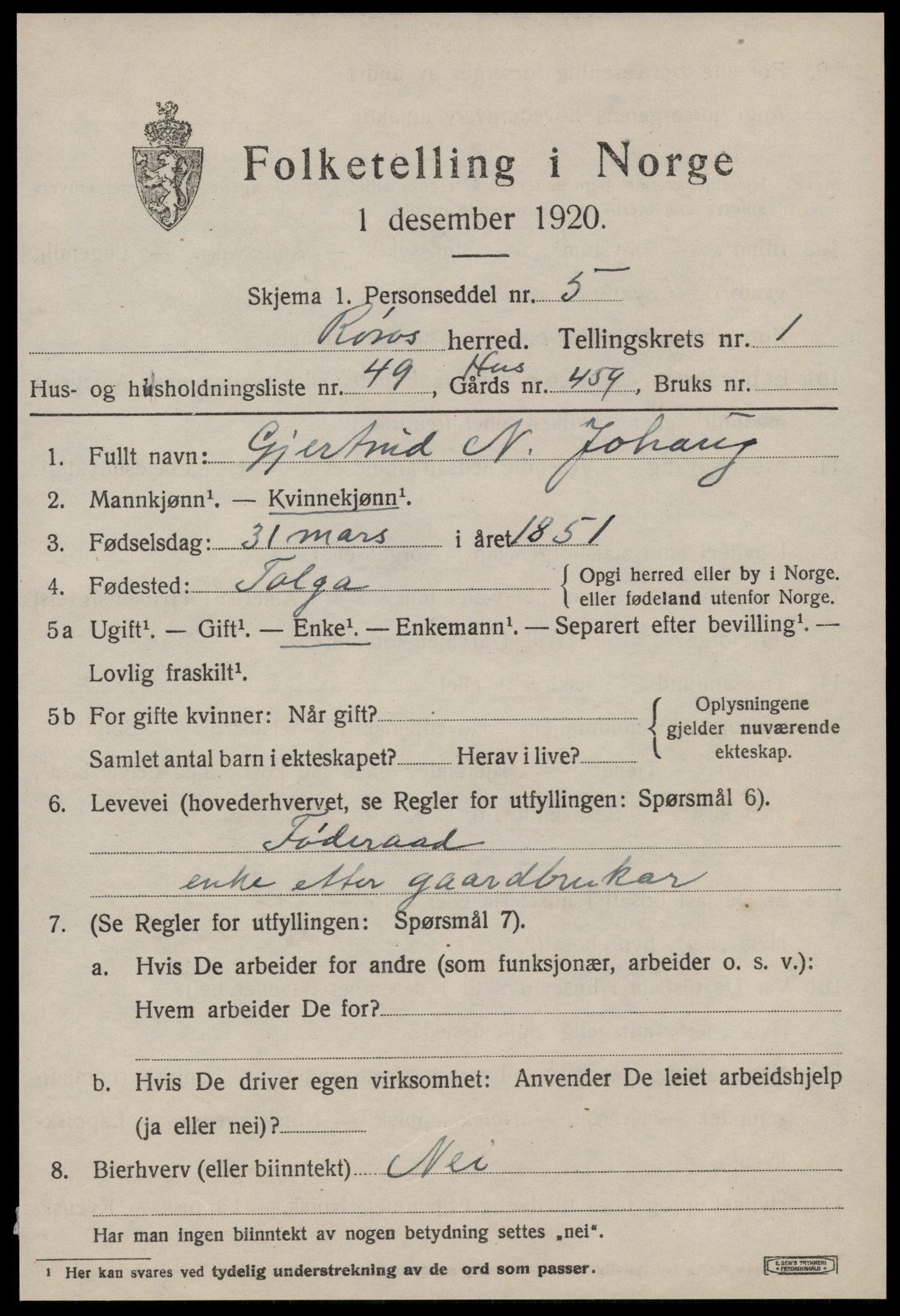 SAT, 1920 census for Røros, 1920, p. 2496