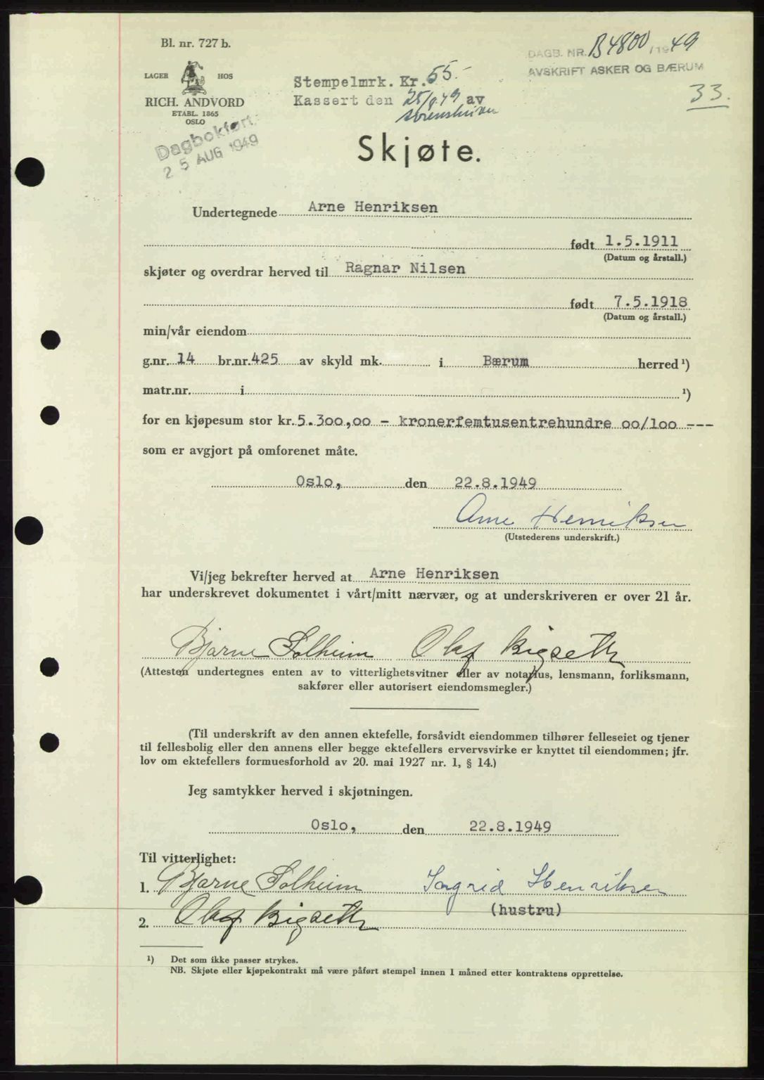 Asker og Bærum sorenskriveri, AV/SAO-A-10379a/G/Gb/Gba/L0007: Mortgage book no. A93, 1949-1949, Diary no: : 4800/1949