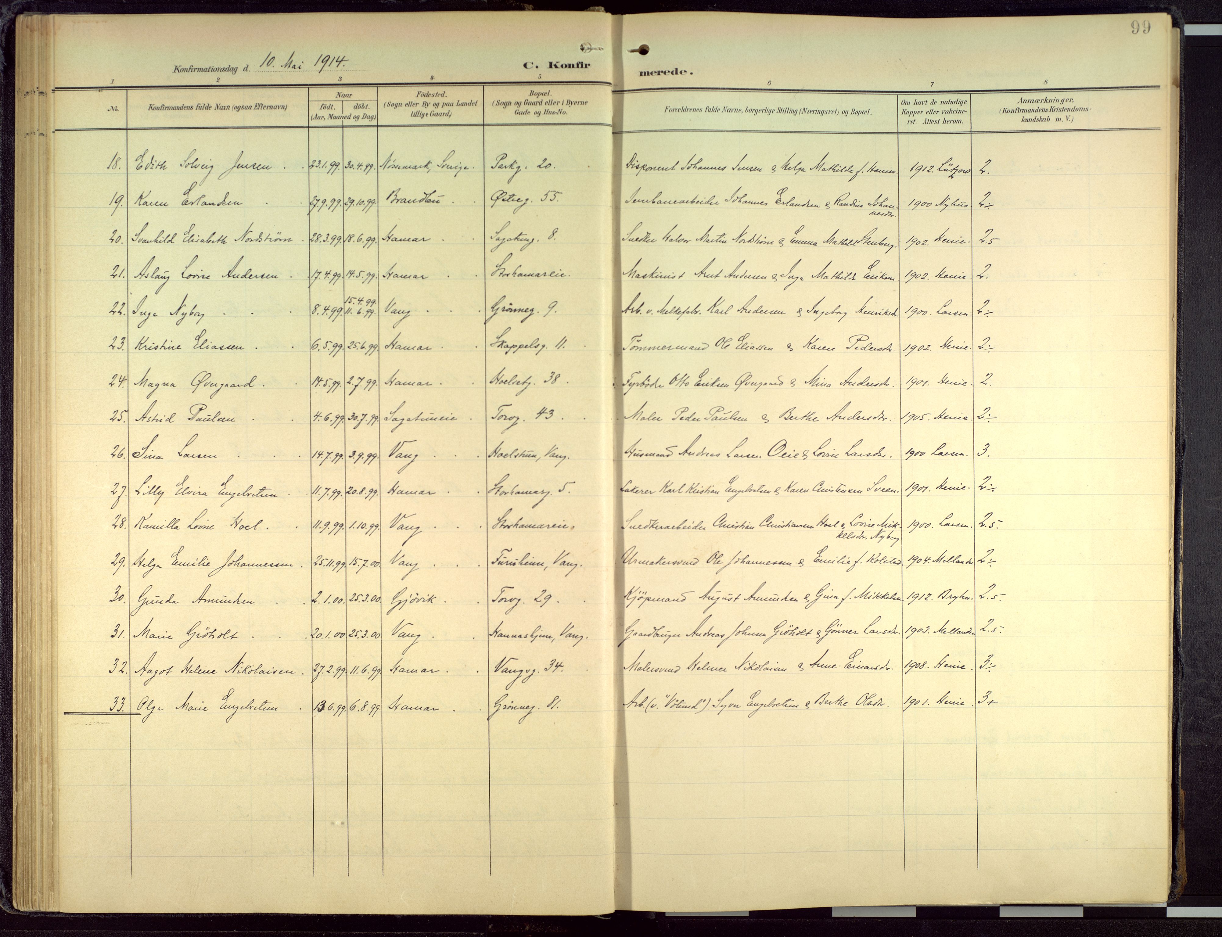 Hamar prestekontor, AV/SAH-DOMPH-002/H/Ha/Haa/L0004: Parish register (official) no. 4, 1899-1973, p. 99