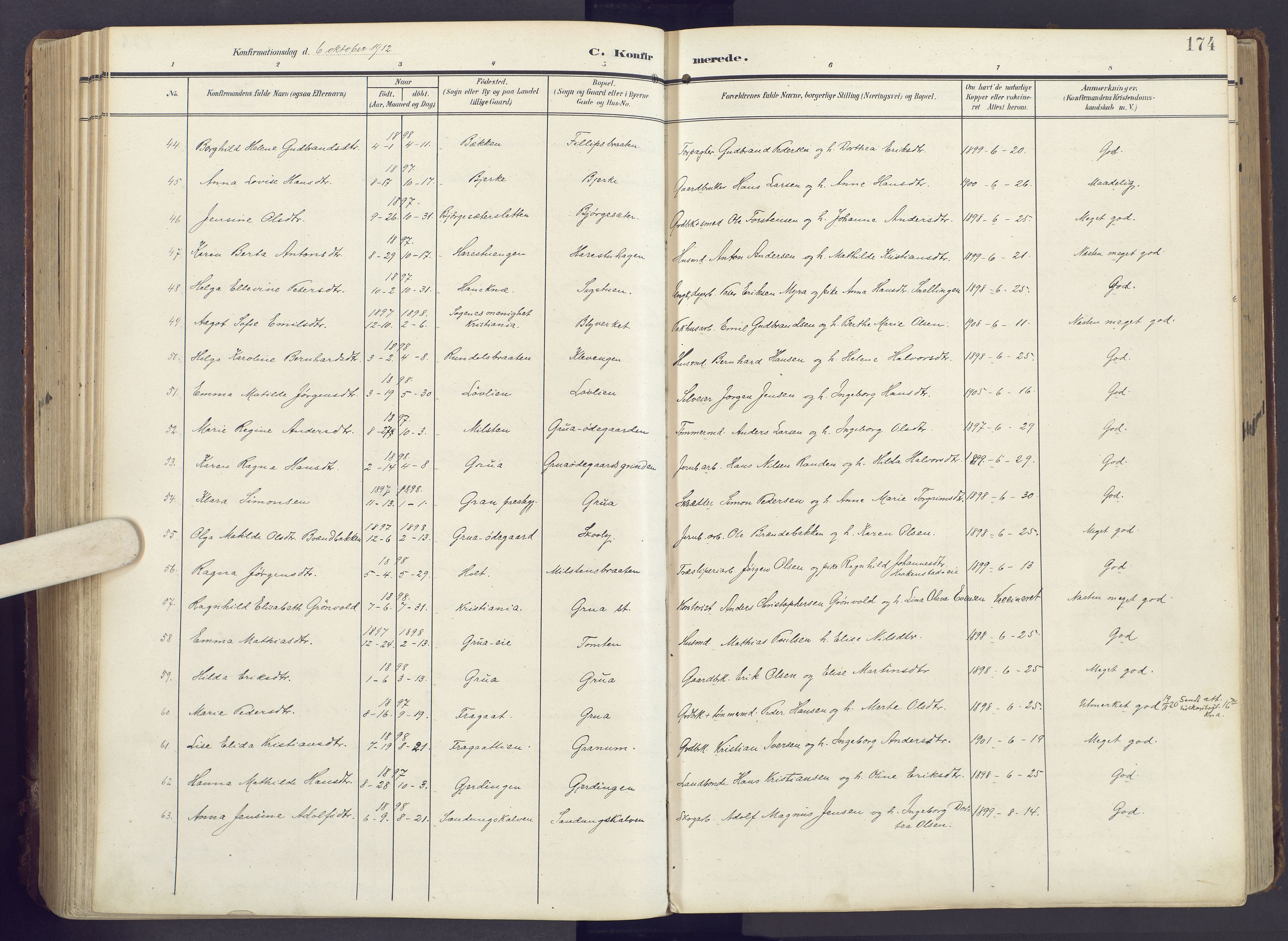 Lunner prestekontor, SAH/PREST-118/H/Ha/Haa/L0001: Parish register (official) no. 1, 1907-1922, p. 174