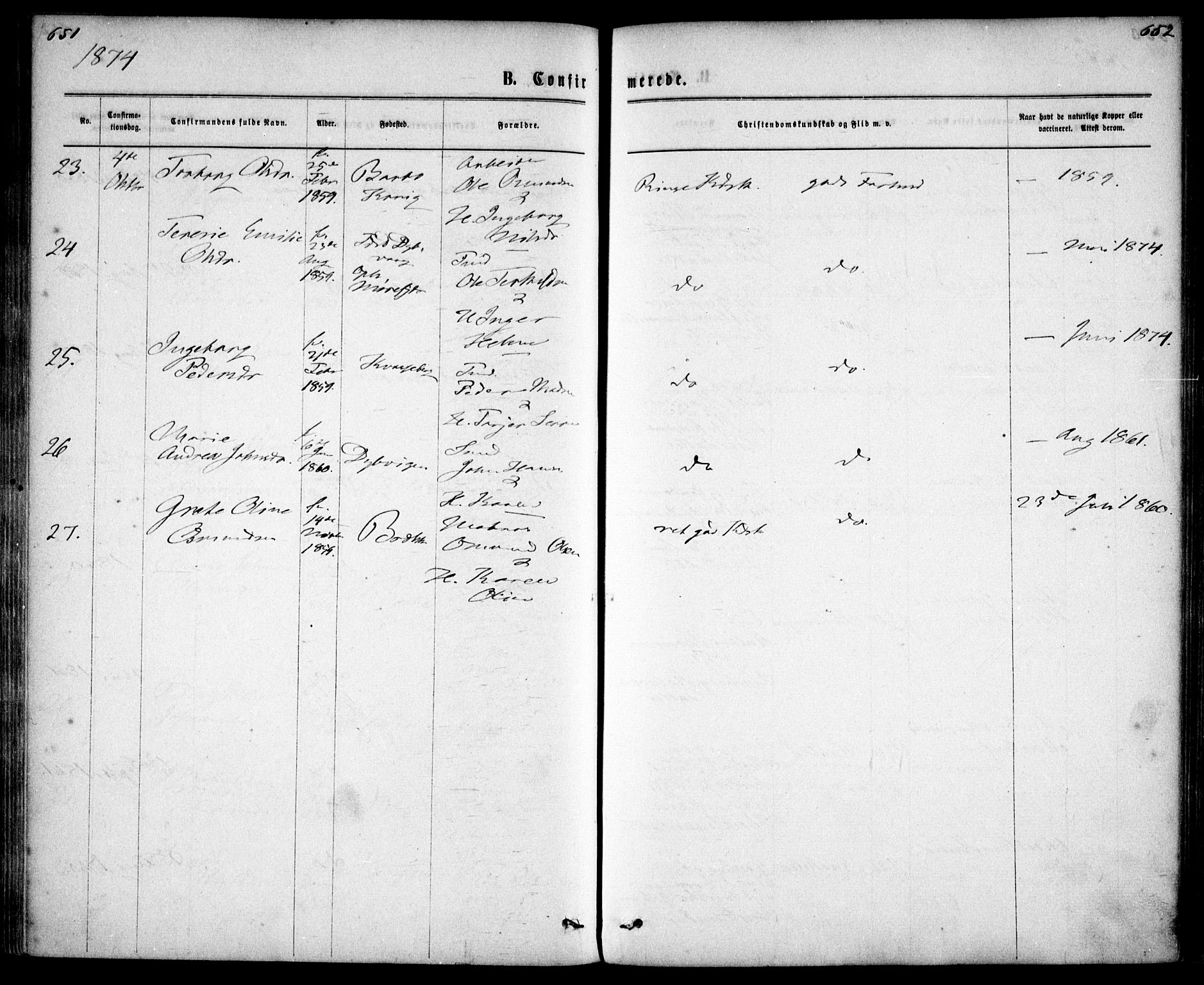 Tromøy sokneprestkontor, AV/SAK-1111-0041/F/Fa/L0008: Parish register (official) no. A 8, 1870-1877, p. 651-652