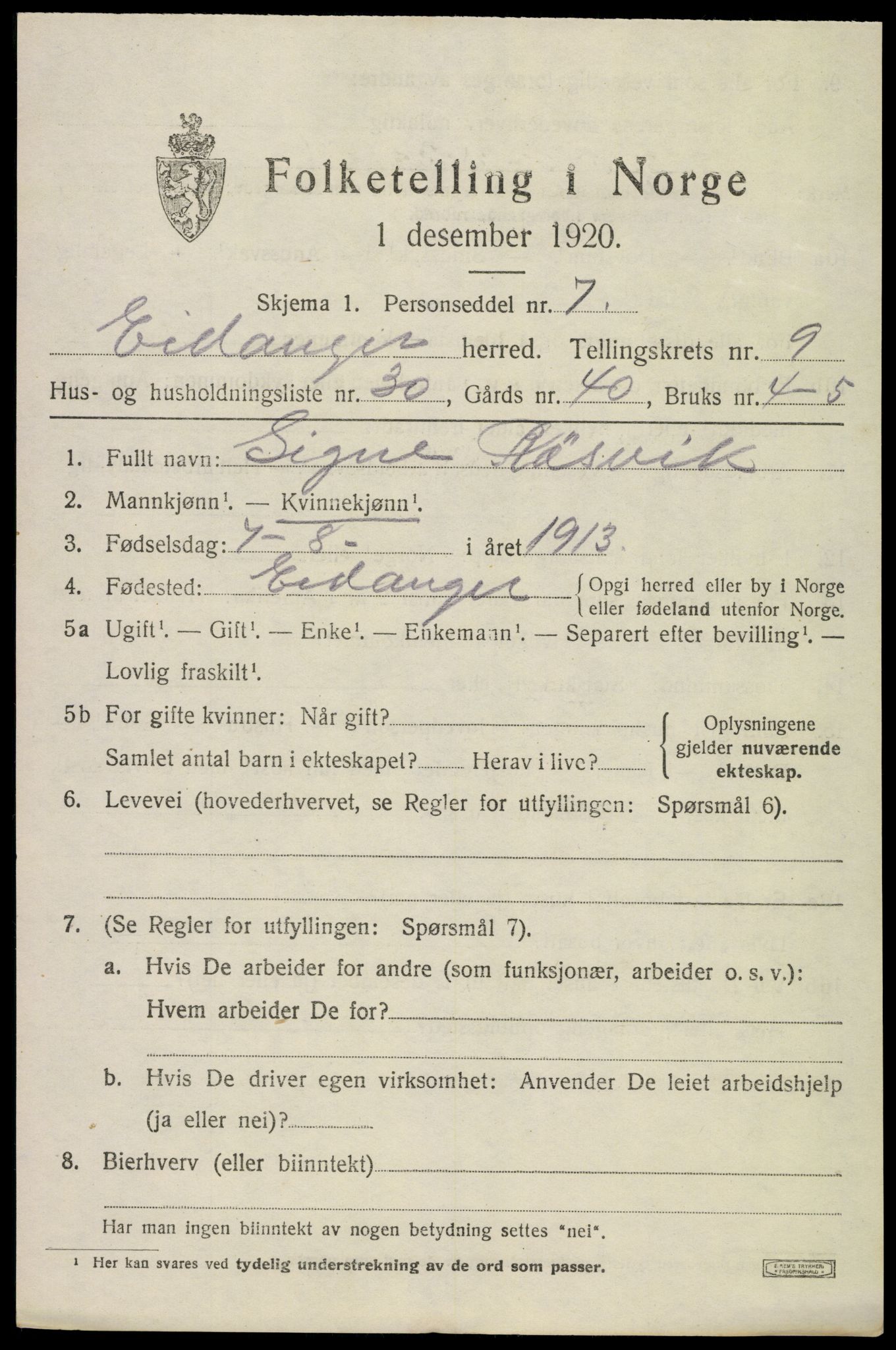 SAKO, 1920 census for Eidanger, 1920, p. 6202