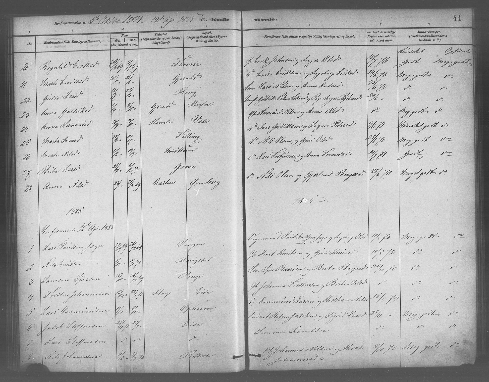 Voss sokneprestembete, AV/SAB-A-79001/H/Haa: Parish register (official) no. B 1, 1877-1899, p. 44