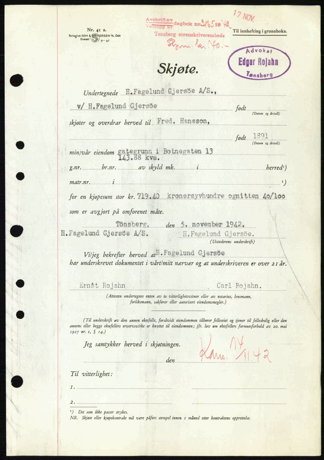 Tønsberg sorenskriveri, AV/SAKO-A-130/G/Ga/Gaa/L0012: Mortgage book no. A12, 1942-1943, Diary no: : 3165/1942