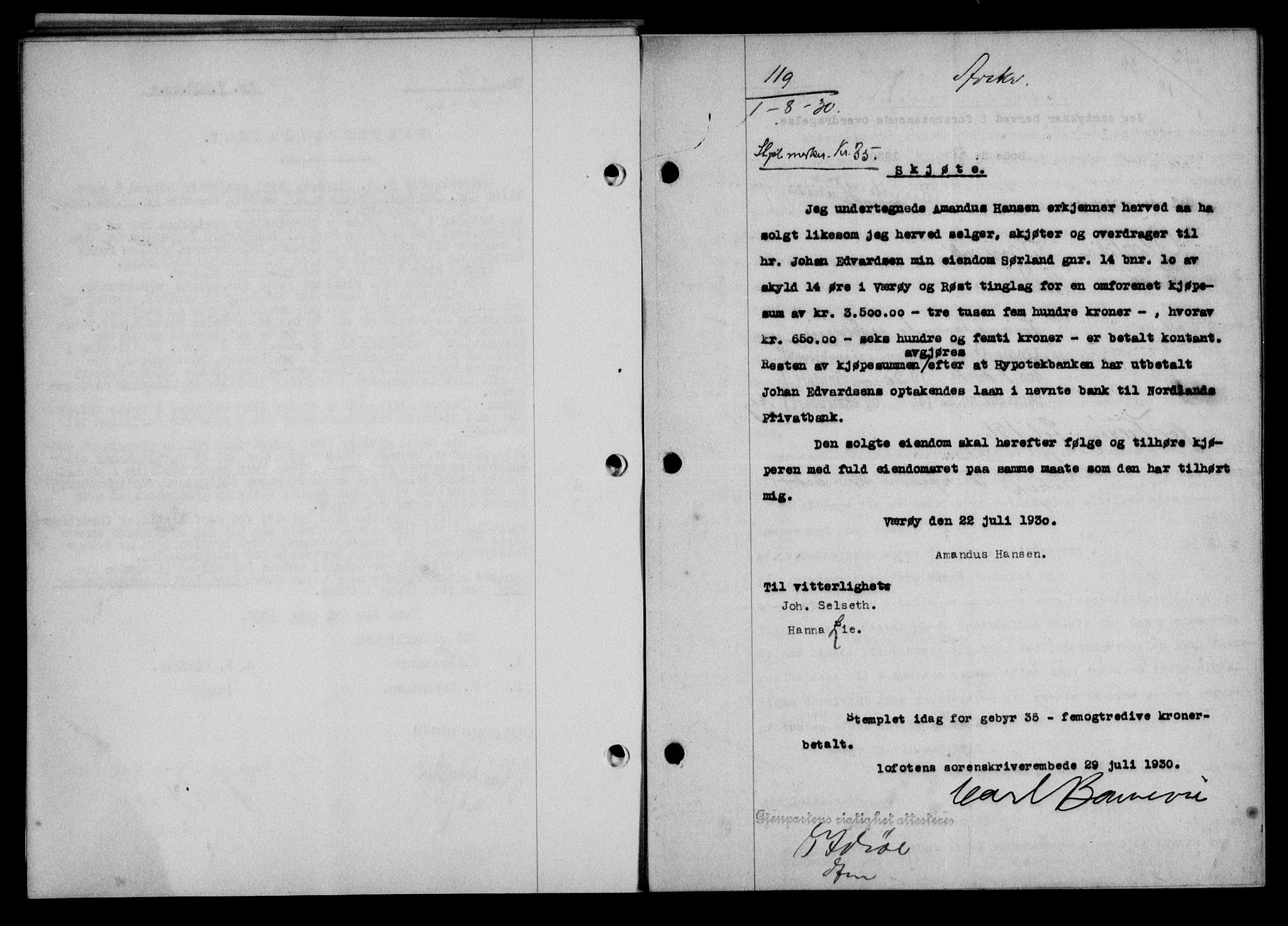 Lofoten sorenskriveri, AV/SAT-A-0017/1/2/2C/L0022b: Mortgage book no. 22b, 1930-1930, Deed date: 01.08.1930