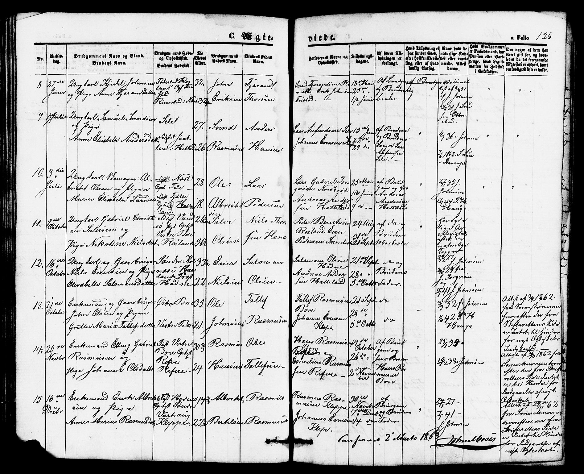 Klepp sokneprestkontor, AV/SAST-A-101803/001/3/30BB/L0002: Parish register (copy) no. B 2, 1860-1875, p. 126