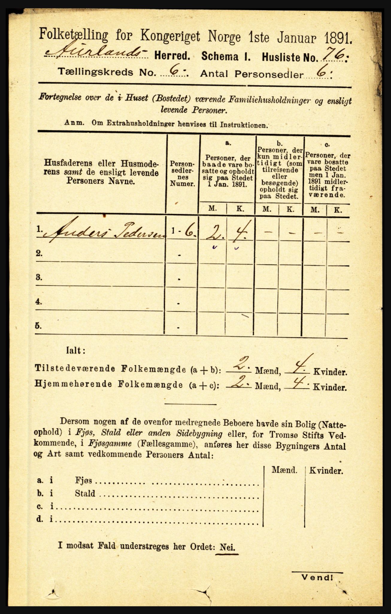 RA, 1891 census for 1421 Aurland, 1891, p. 2276