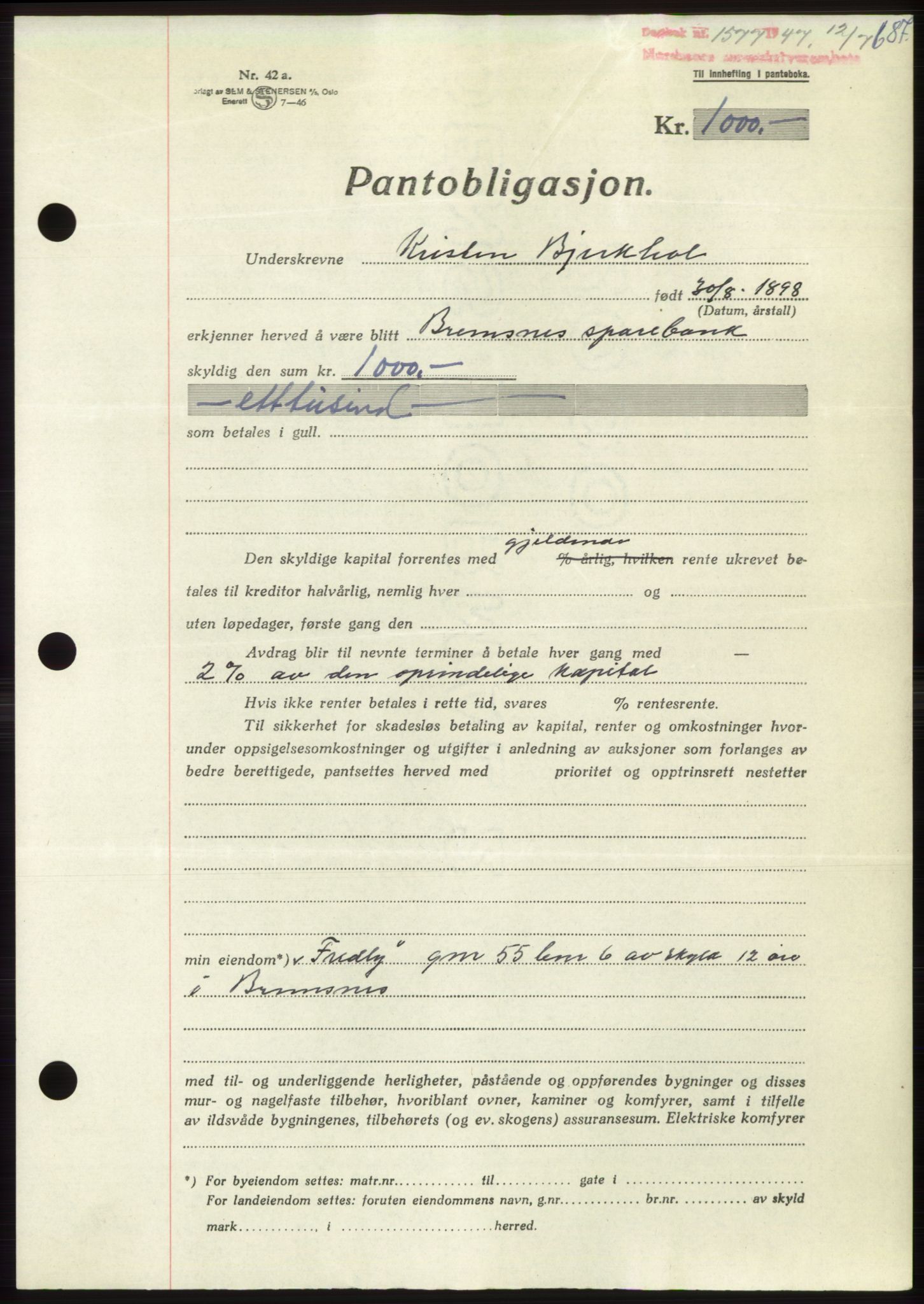 Nordmøre sorenskriveri, AV/SAT-A-4132/1/2/2Ca: Mortgage book no. B96, 1947-1947, Diary no: : 1577/1947