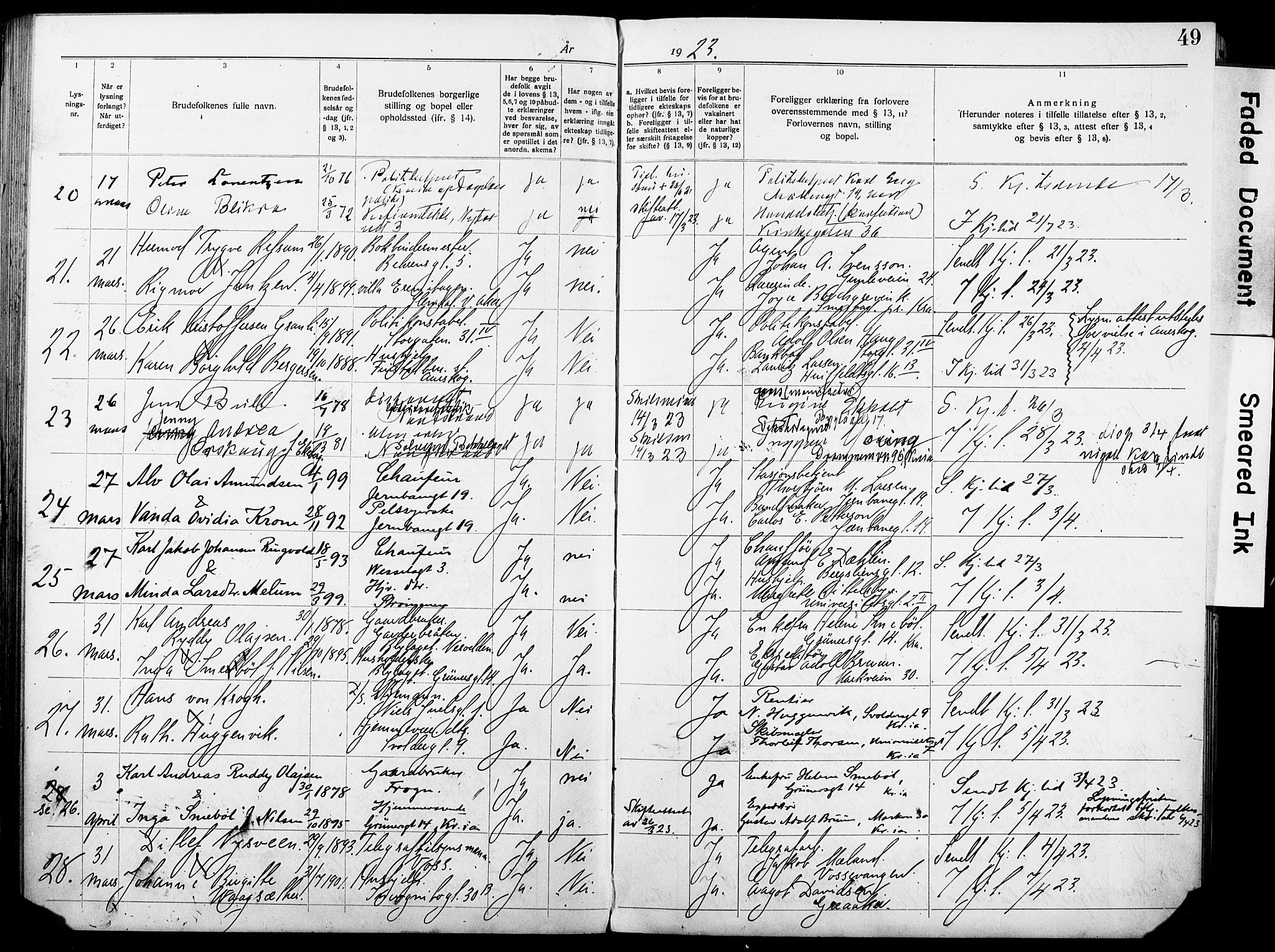 Oslo domkirke Kirkebøker, AV/SAO-A-10752/H/Ha/L0006: Banns register no. 6, 1919-1928, p. 49