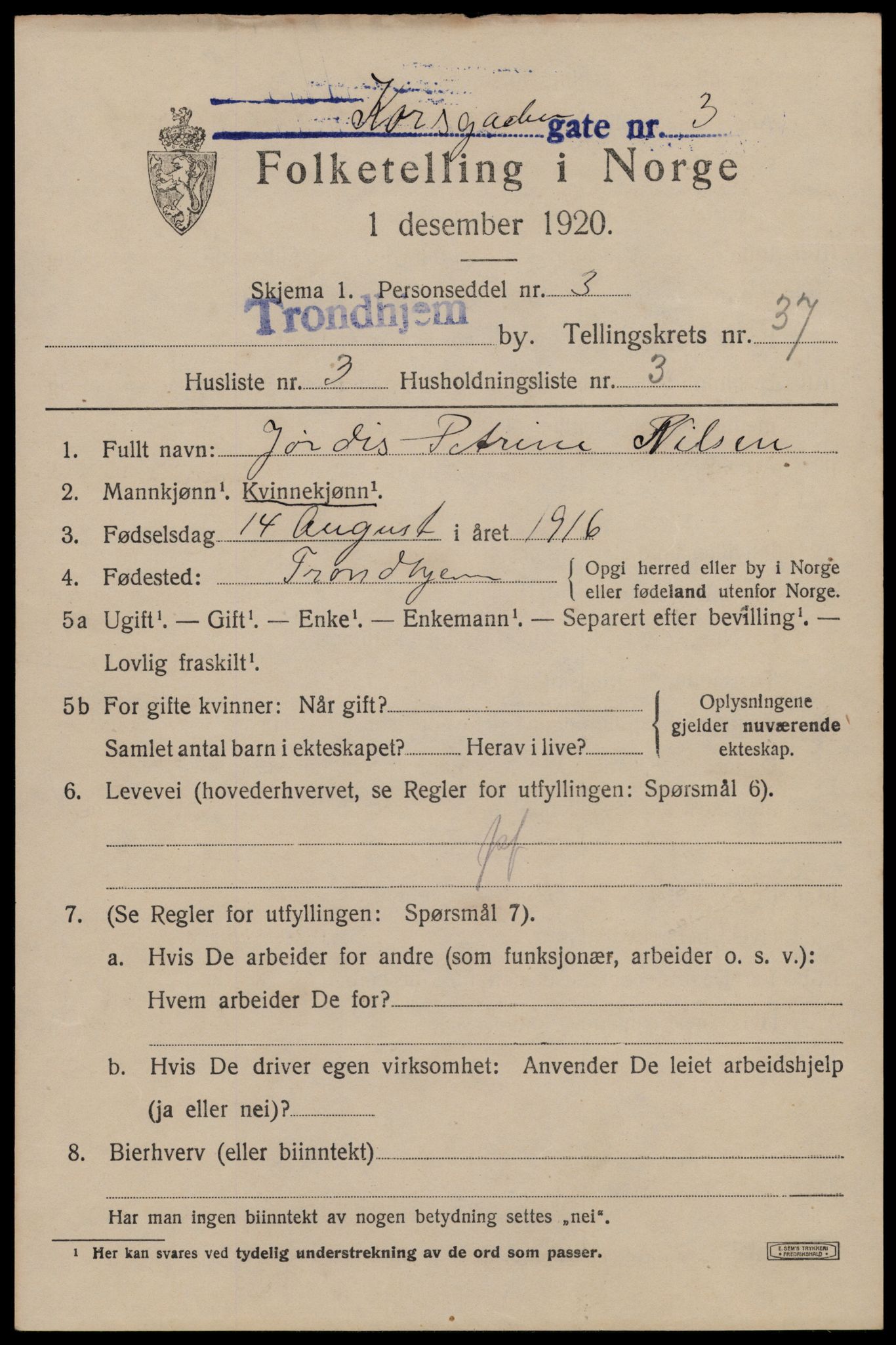 SAT, 1920 census for Trondheim, 1920, p. 84584