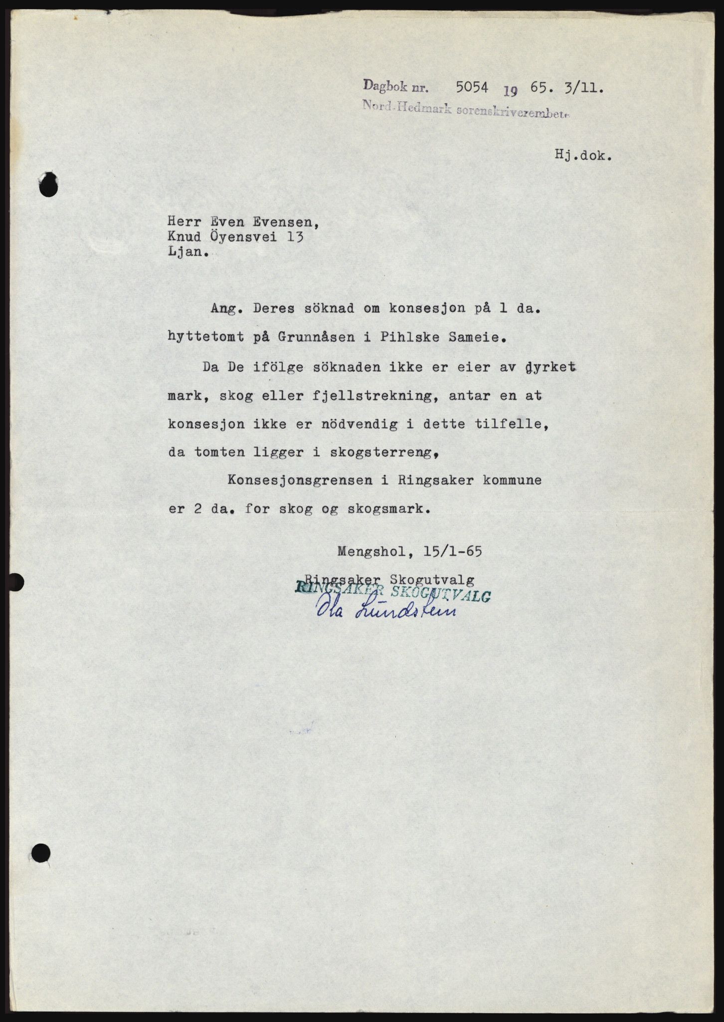 Nord-Hedmark sorenskriveri, SAH/TING-012/H/Hc/L0022: Mortgage book no. 22, 1965-1965, Diary no: : 5054/1965