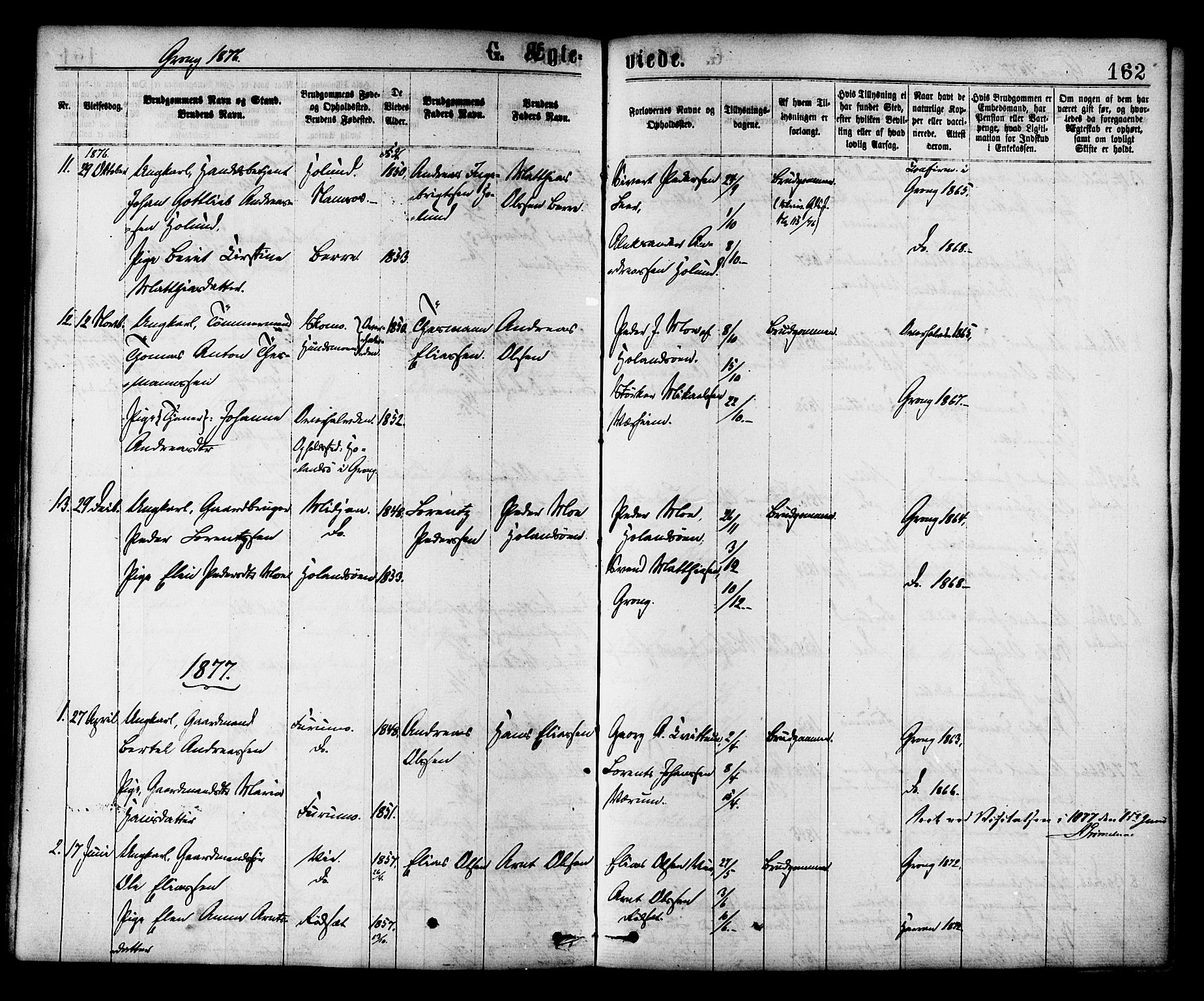 Ministerialprotokoller, klokkerbøker og fødselsregistre - Nord-Trøndelag, SAT/A-1458/758/L0516: Parish register (official) no. 758A03 /1, 1869-1879, p. 162