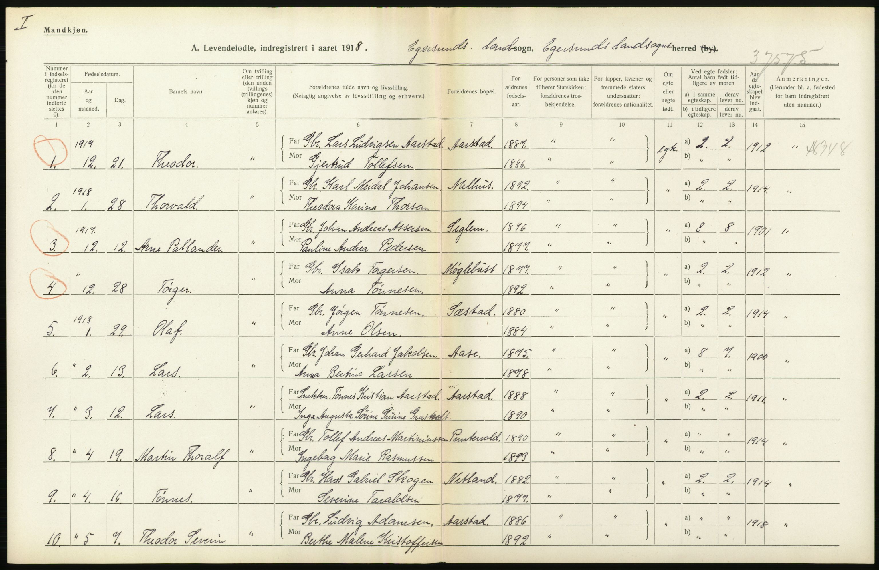 Statistisk sentralbyrå, Sosiodemografiske emner, Befolkning, RA/S-2228/D/Df/Dfb/Dfbh/L0031: Rogaland fylke: Levendefødte menn og kvinner. Bygder., 1918