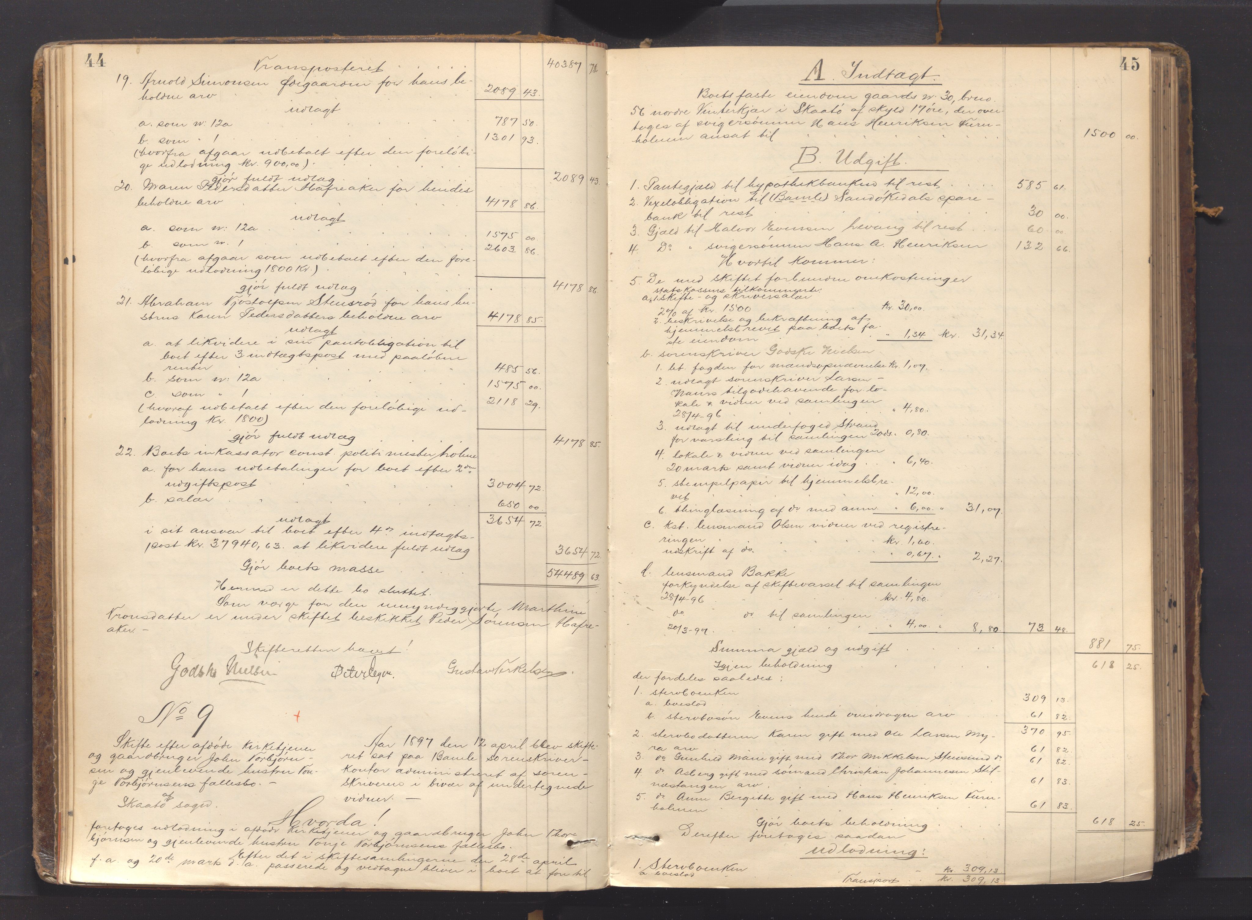Kragerø sorenskriveri, AV/SAKO-A-65/H/Hf/Hfb/L0001: Skifteutlodningsprotokoll, 1896-1911, p. 44-45