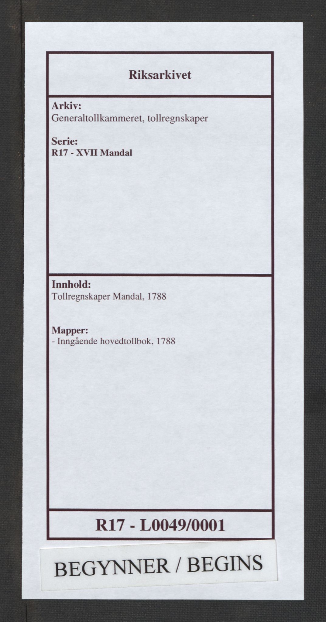 Generaltollkammeret, tollregnskaper, RA/EA-5490/R17/L0049/0001: Tollregnskaper Mandal / Inngående hovedtollbok, 1788