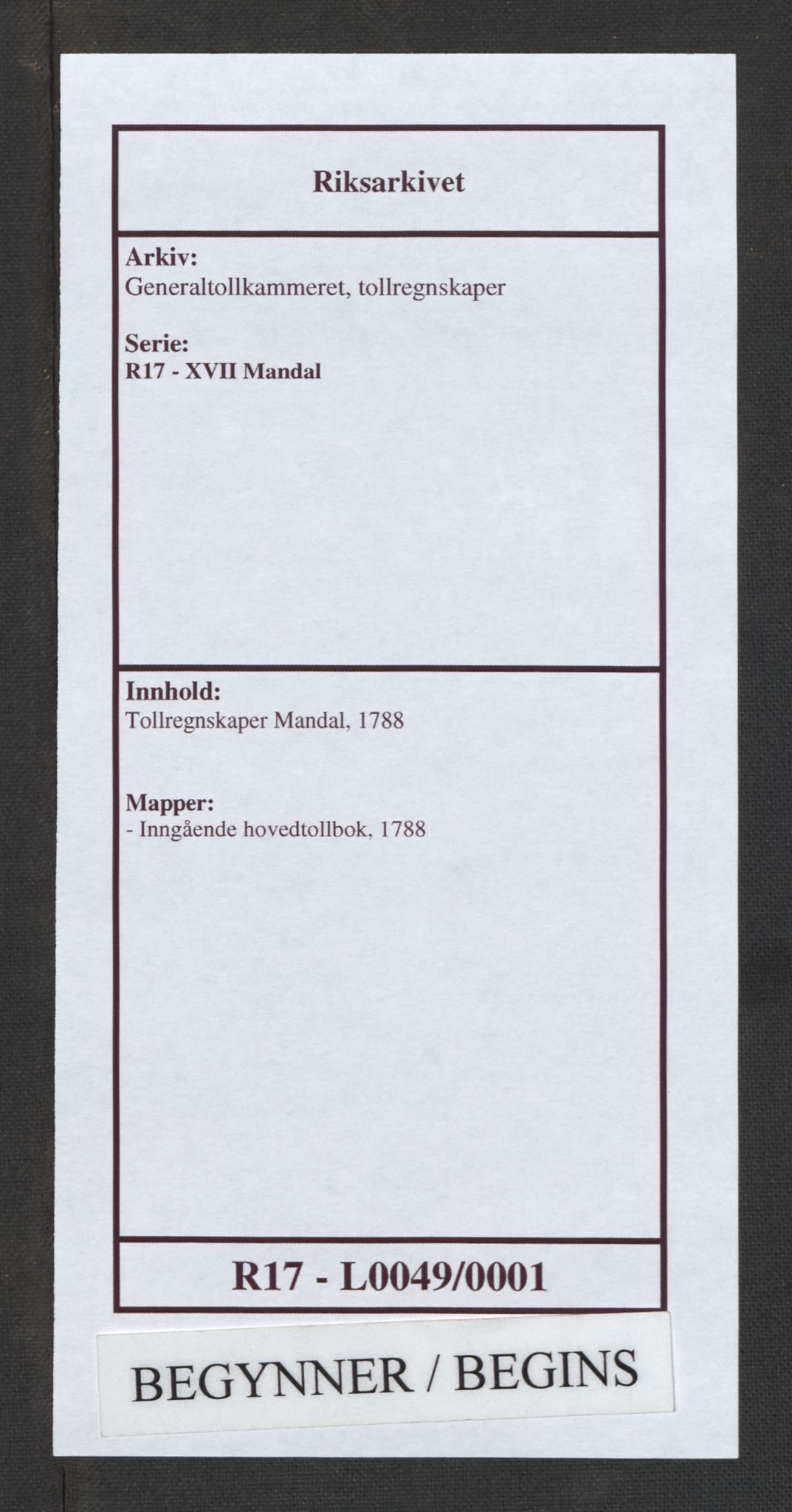 Generaltollkammeret, tollregnskaper, AV/RA-EA-5490/R17/L0049/0001: Tollregnskaper Mandal / Inngående hovedtollbok, 1788