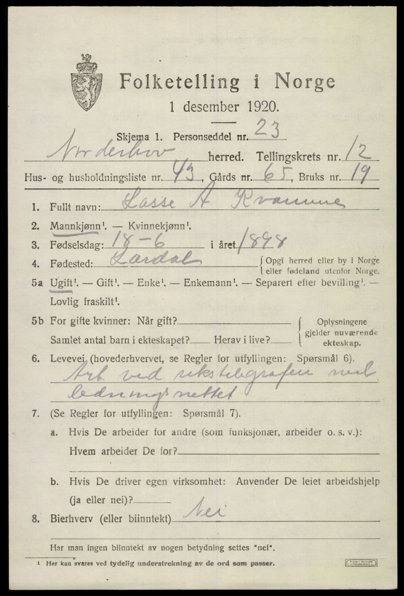 SAKO, 1920 census for Norderhov, 1920, p. 14238