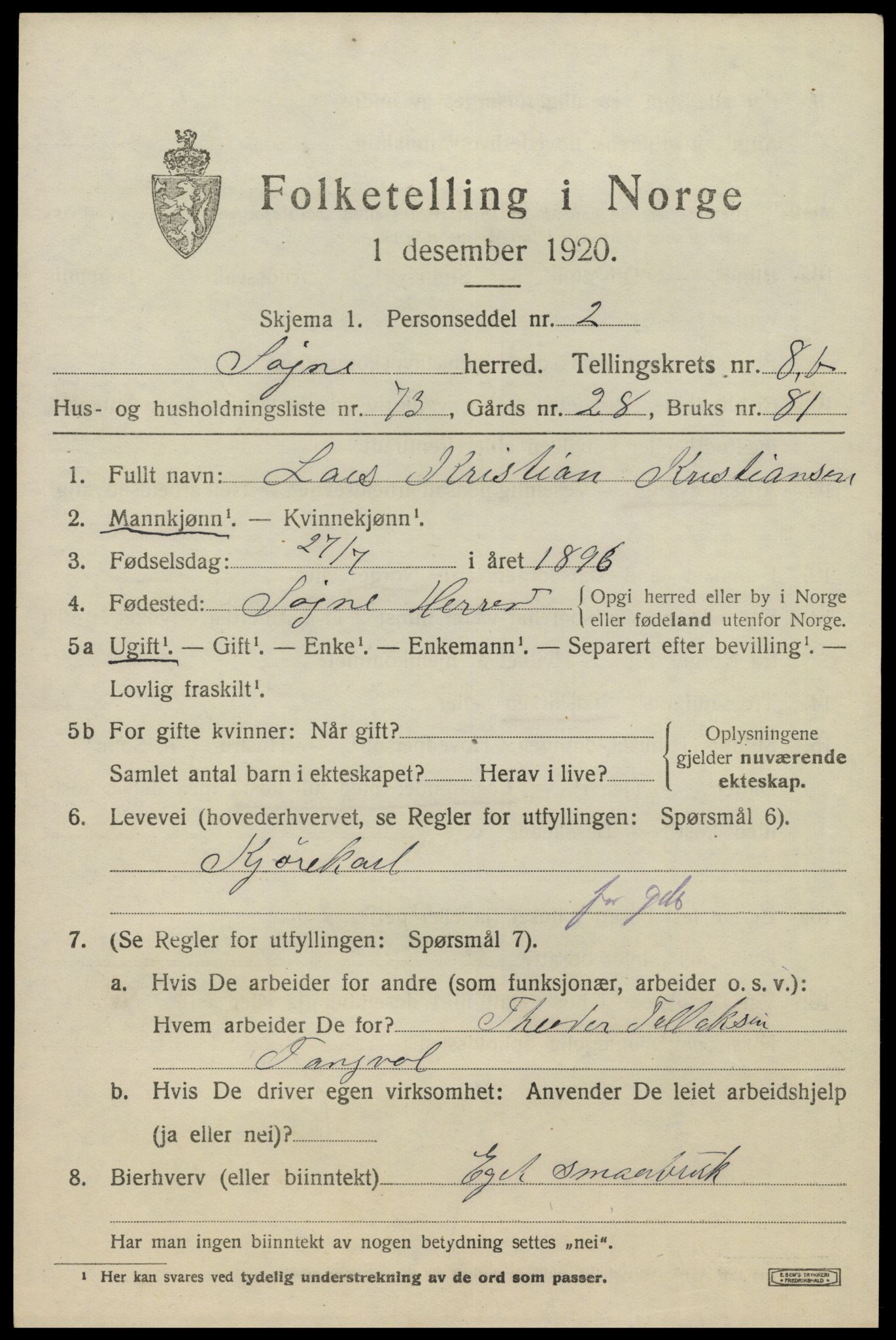 SAK, 1920 census for Søgne, 1920, p. 5289