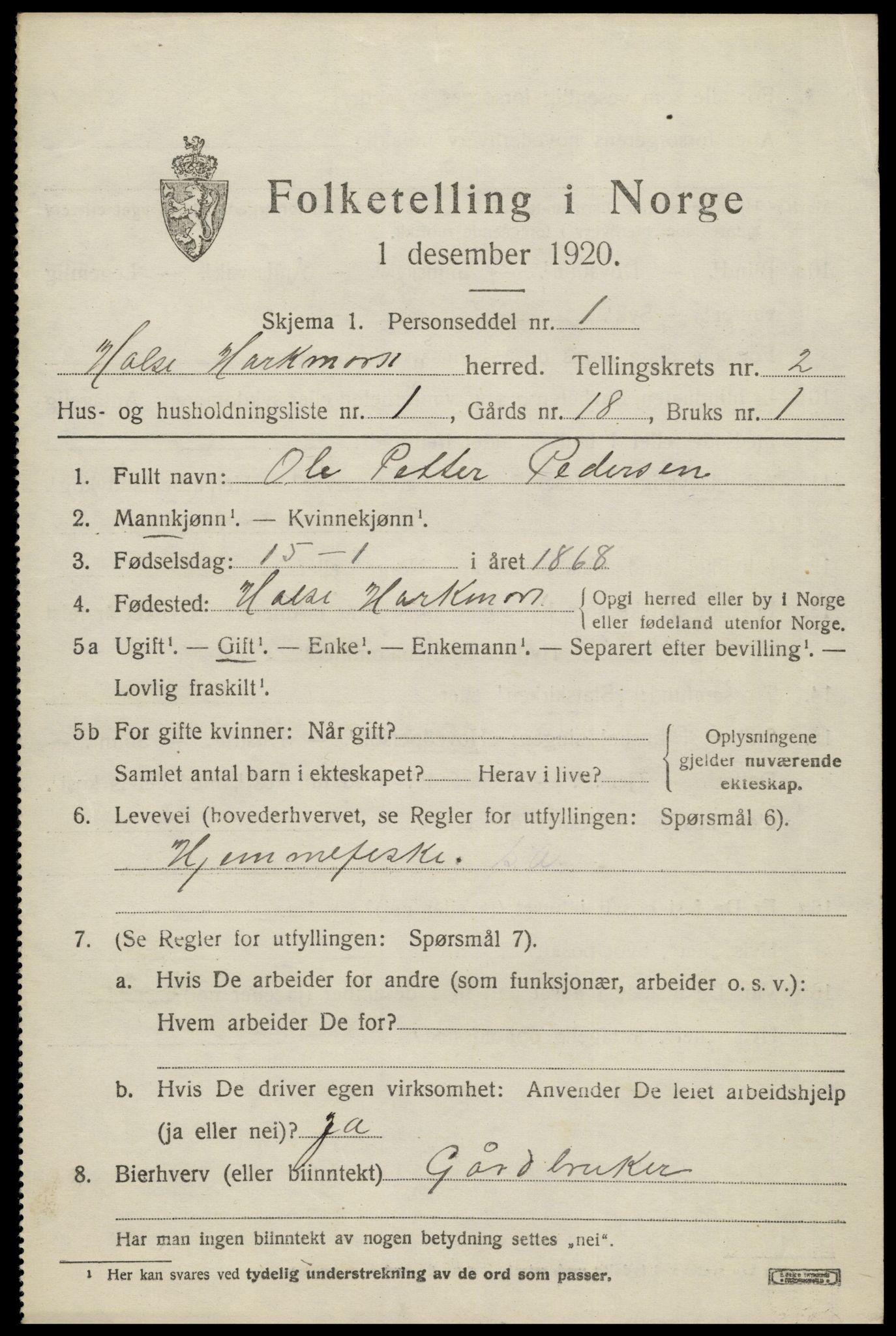 SAK, 1920 census for Halse og Harkmark, 1920, p. 2025