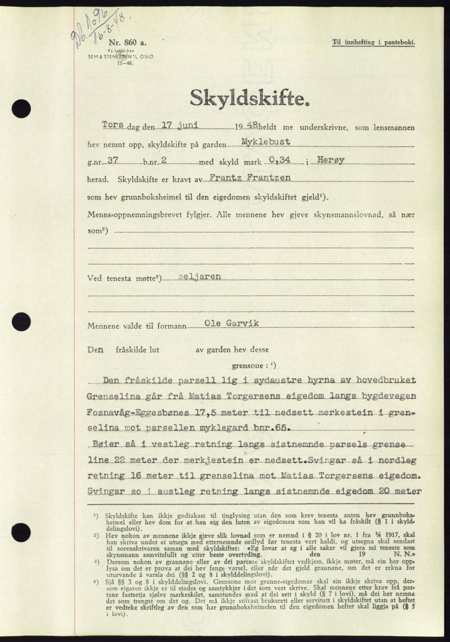 Søre Sunnmøre sorenskriveri, AV/SAT-A-4122/1/2/2C/L0082: Mortgage book no. 8A, 1948-1948, Diary no: : 1096/1948