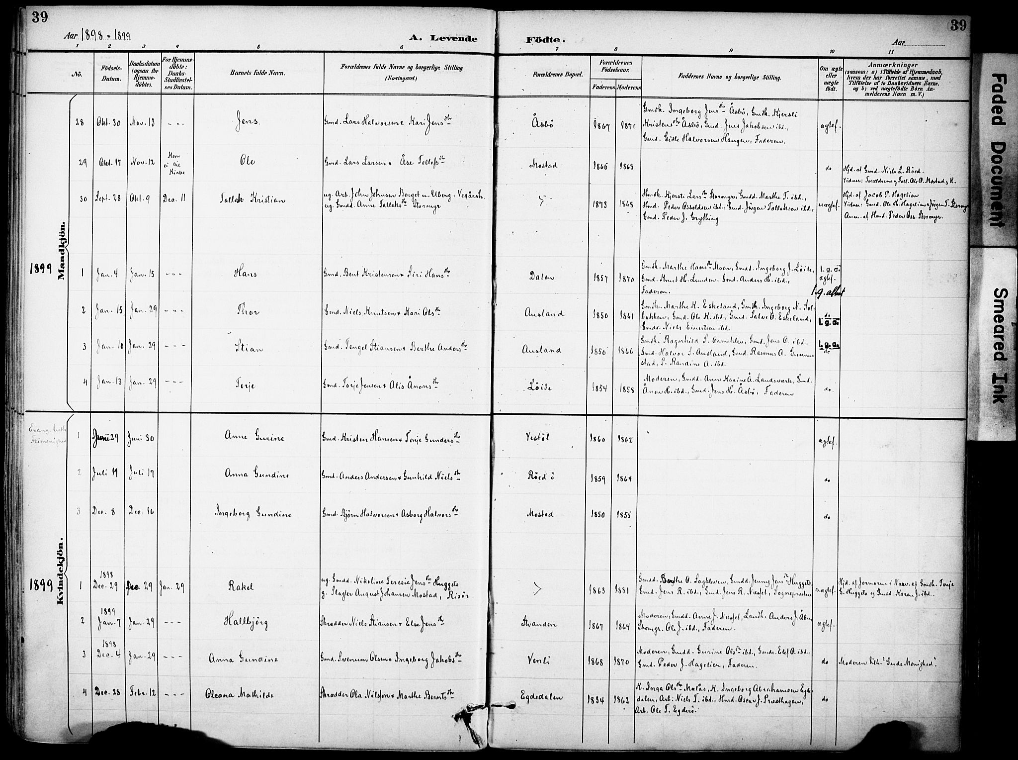 Gjerstad sokneprestkontor, AV/SAK-1111-0014/F/Fa/Faa/L0010: Parish register (official) no. A 10, 1891-1902, p. 39