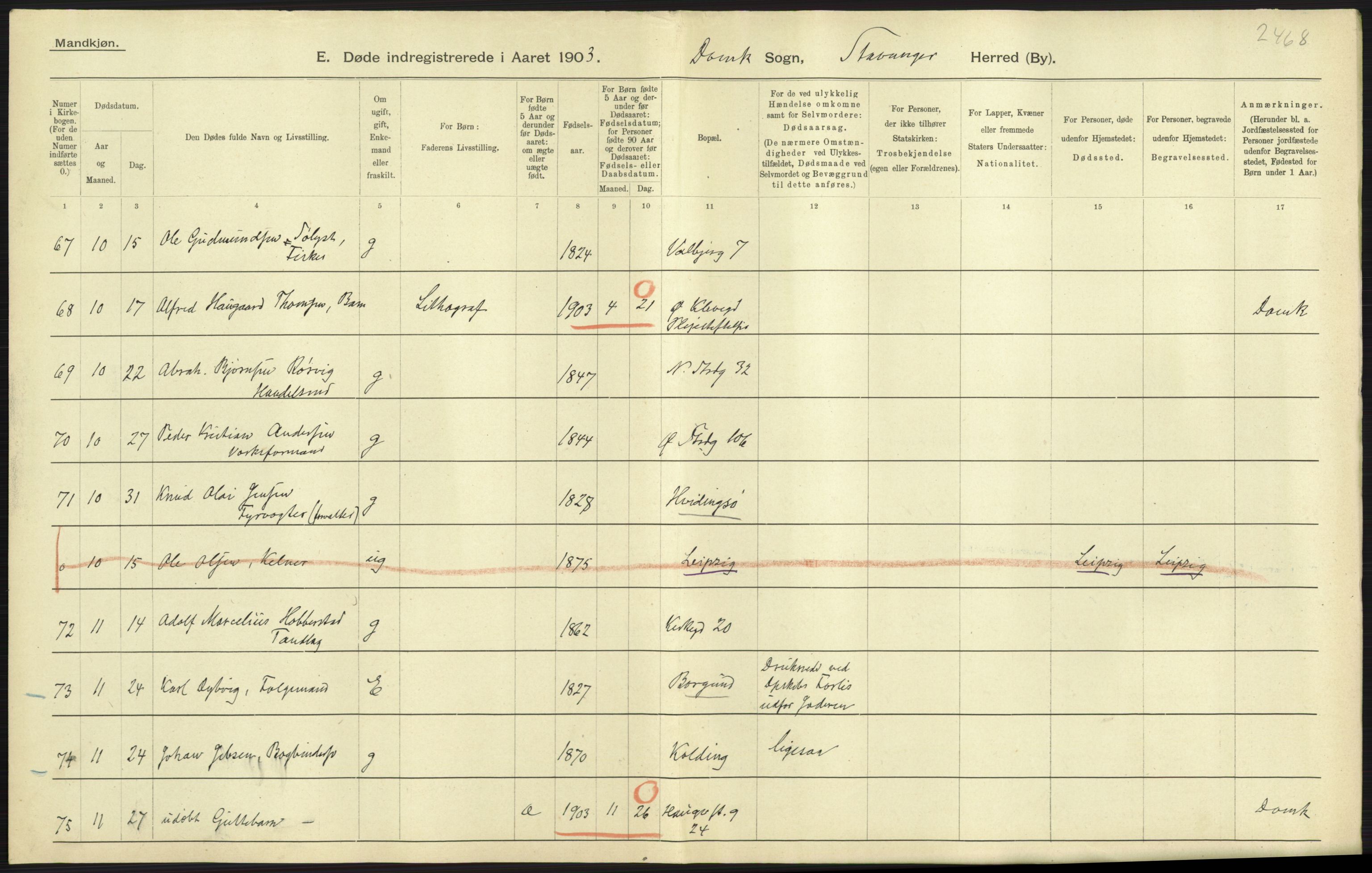 Statistisk sentralbyrå, Sosiodemografiske emner, Befolkning, AV/RA-S-2228/D/Df/Dfa/Dfaa/L0012: Stavanger amt: Fødte, gifte, døde, 1903, p. 847