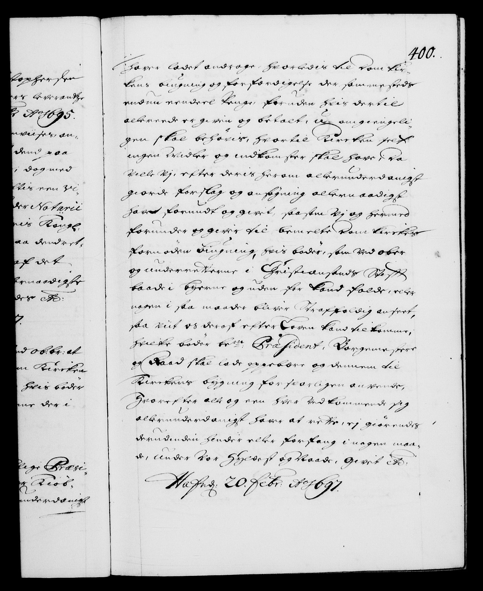 Danske Kanselli 1572-1799, AV/RA-EA-3023/F/Fc/Fca/Fcaa/L0016: Norske registre (mikrofilm), 1692-1697, p. 400a