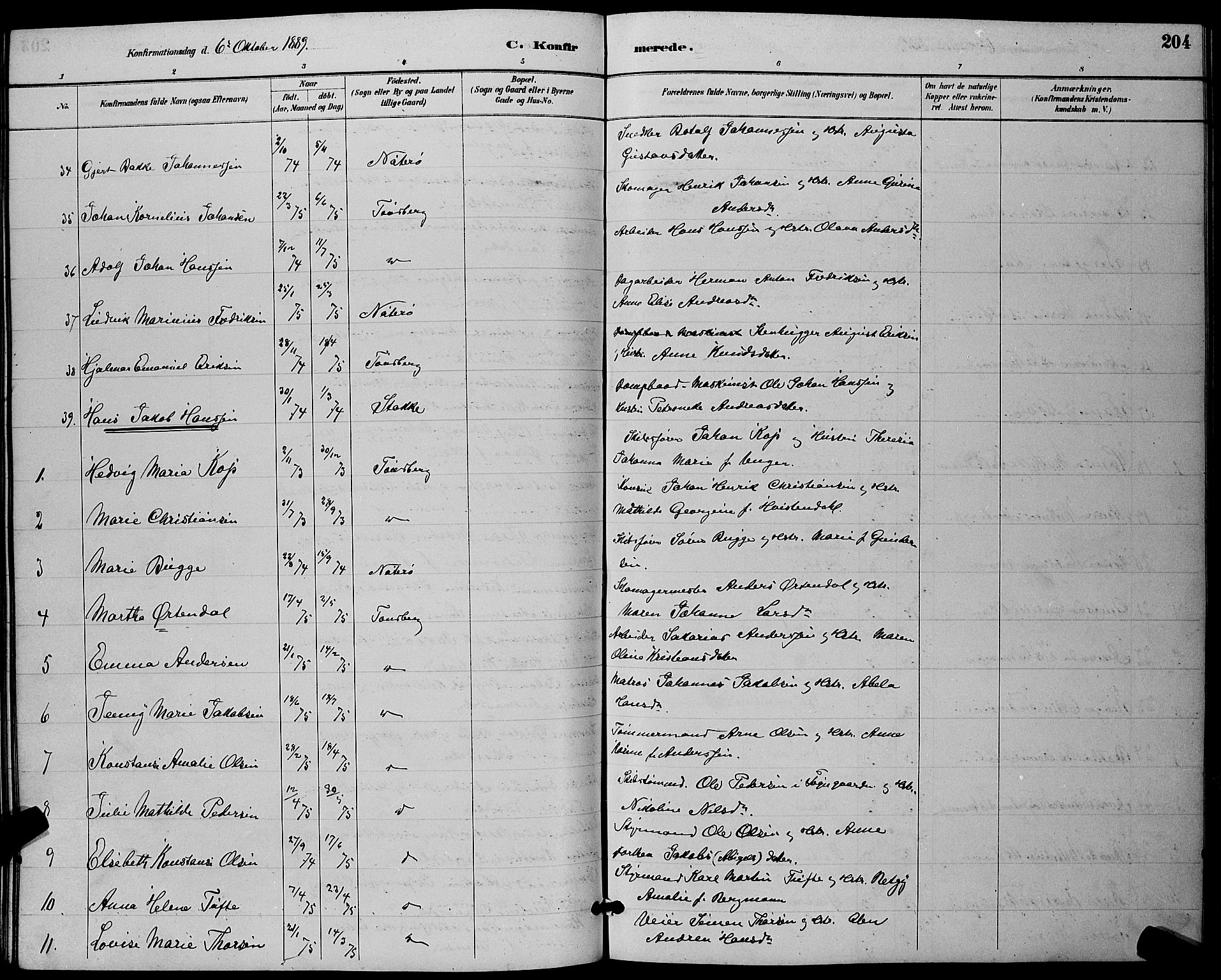 Tønsberg kirkebøker, AV/SAKO-A-330/G/Ga/L0006: Parish register (copy) no. 6, 1885-1895, p. 204