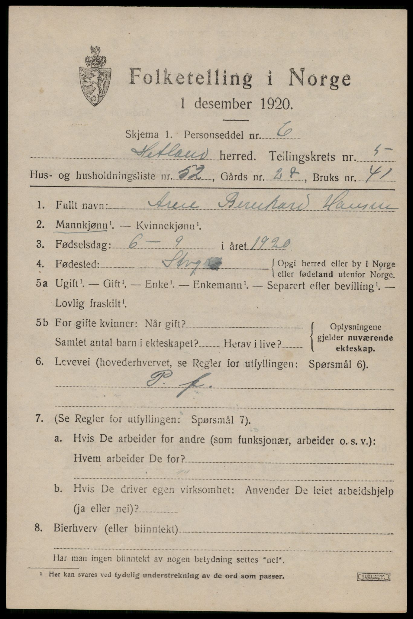 SAST, 1920 census for Hetland, 1920, p. 9101