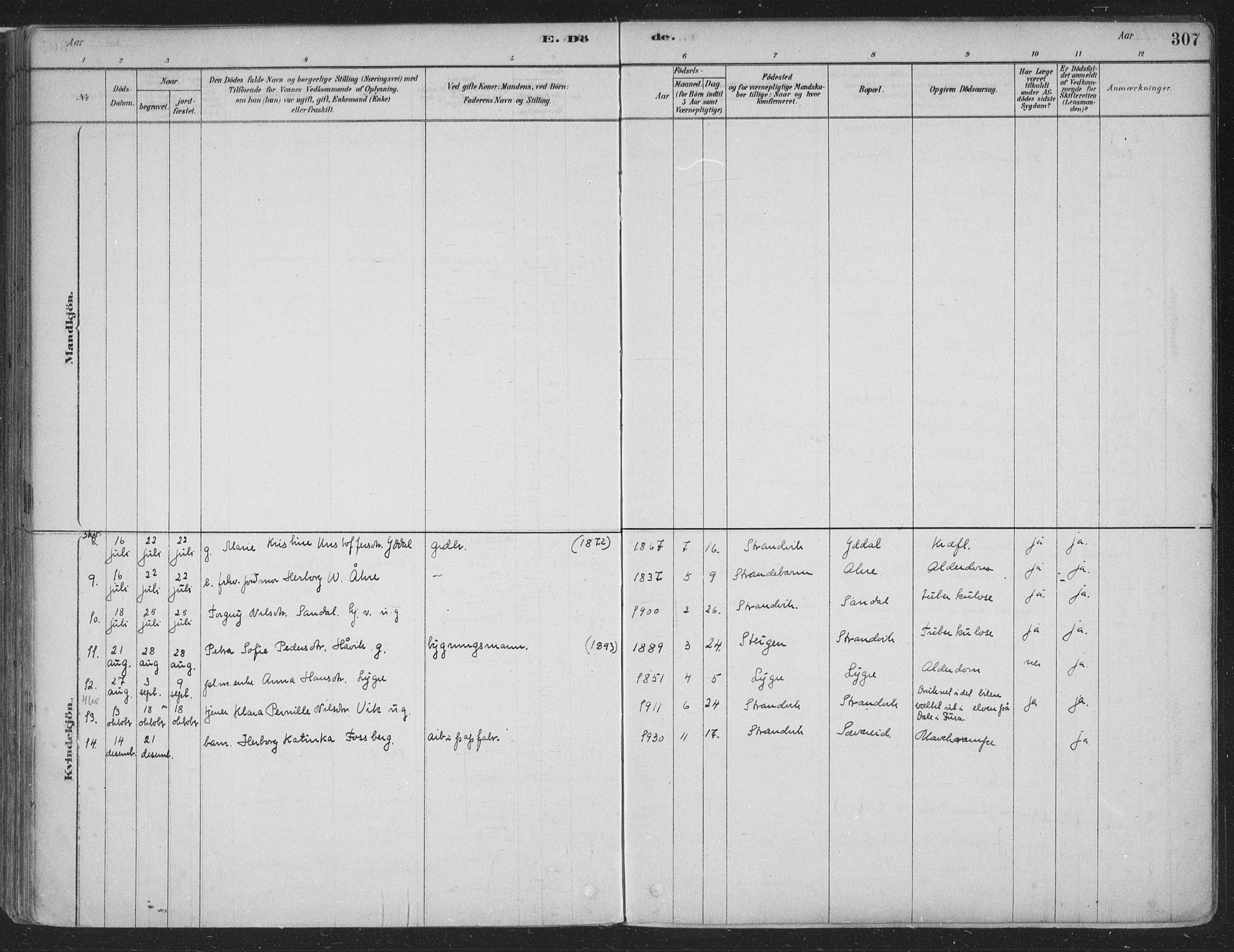Fusa sokneprestembete, SAB/A-75401/H/Haa: Parish register (official) no. D 1, 1880-1938, p. 307