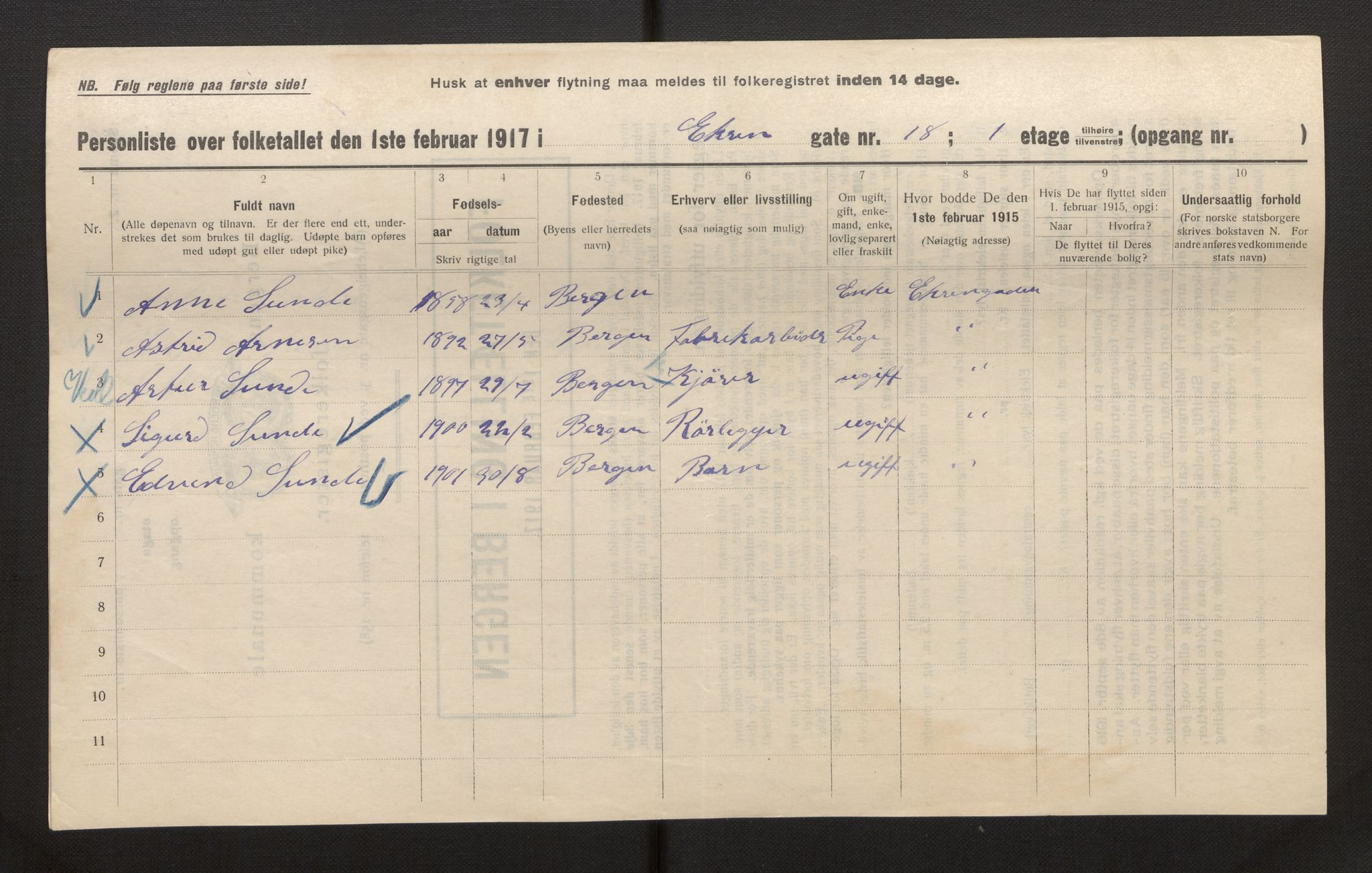 SAB, Municipal Census 1917 for Bergen, 1917, p. 6565