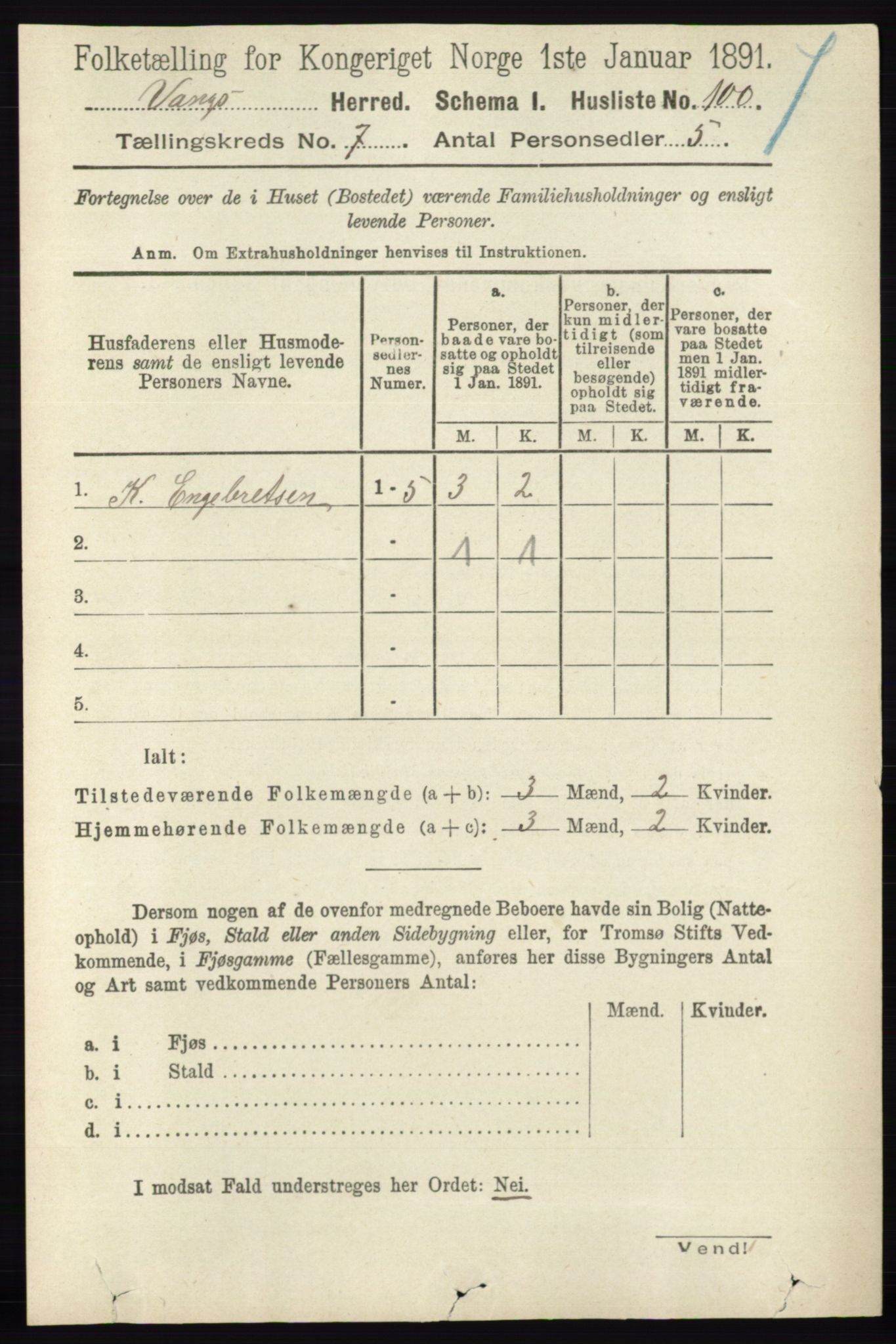 RA, 1891 census for 0414 Vang, 1891, p. 5022