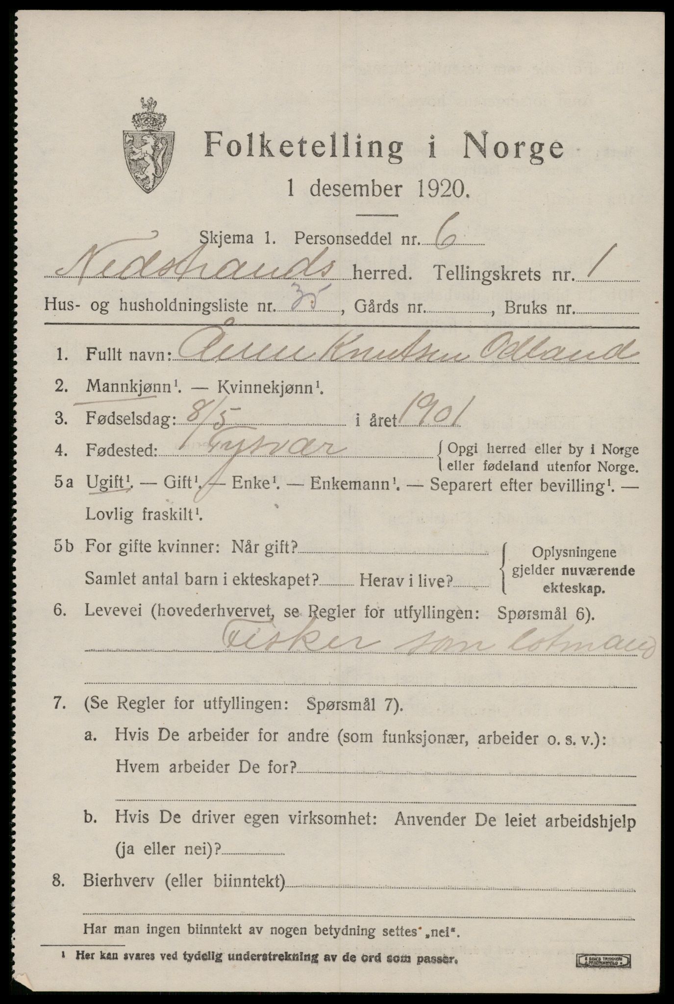 SAST, 1920 census for Nedstrand, 1920, p. 983