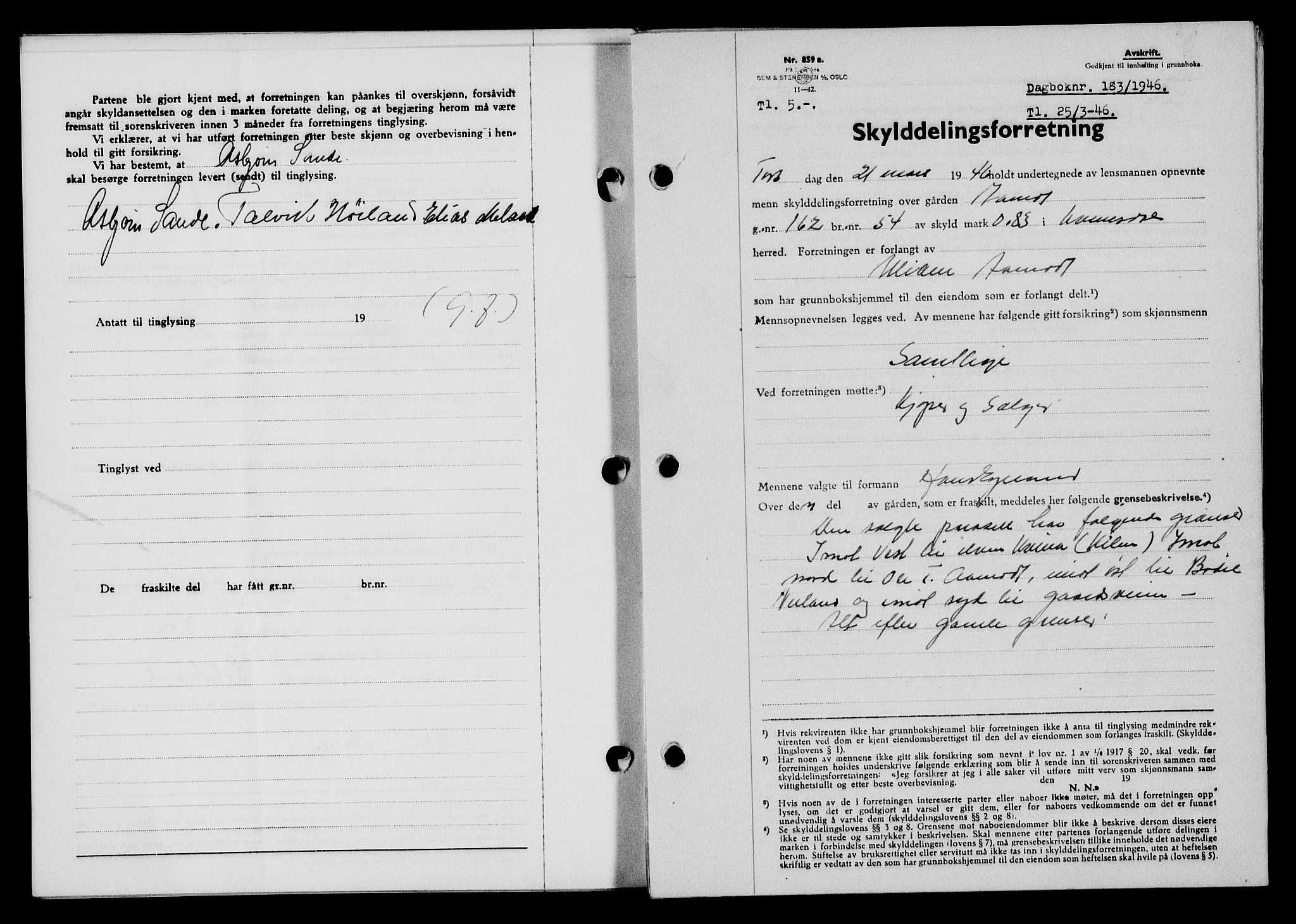 Flekkefjord sorenskriveri, SAK/1221-0001/G/Gb/Gba/L0060: Mortgage book no. A-8, 1945-1946, Diary no: : 183/1946