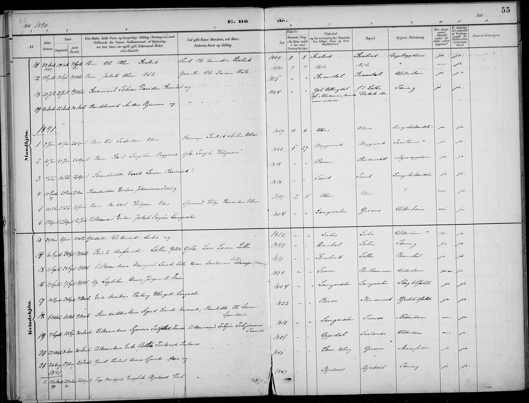 Ullensvang sokneprestembete, SAB/A-78701/H/Haa: Parish register (official) no. E  3, 1883-1916, p. 55