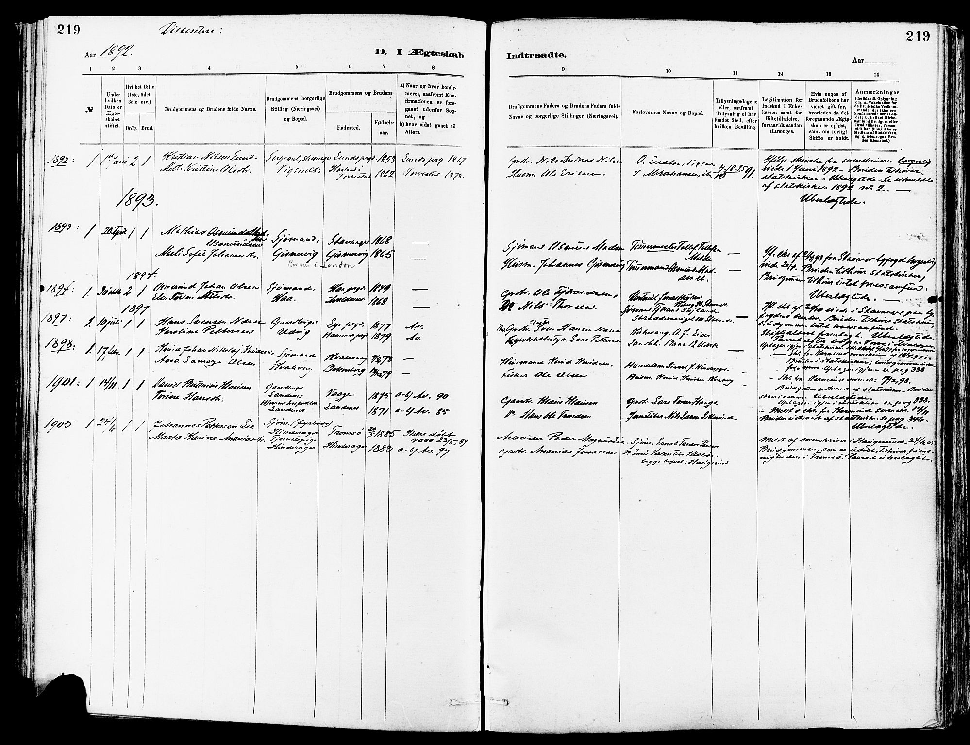 Avaldsnes sokneprestkontor, AV/SAST-A -101851/H/Ha/Haa/L0015: Parish register (official) no. A 15, 1880-1906, p. 219