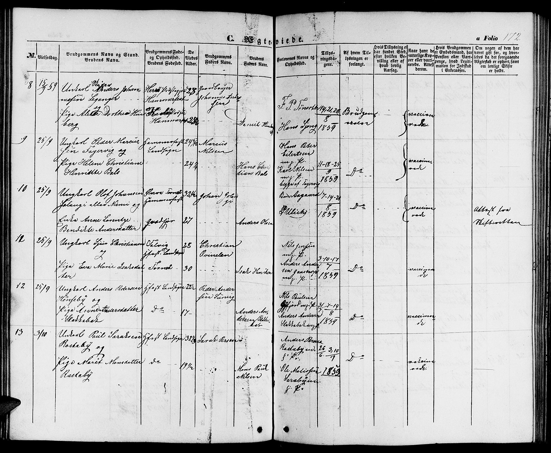 Hammerfest sokneprestkontor, AV/SATØ-S-1347/H/Hb/L0002.klokk: Parish register (copy) no. 2, 1851-1861, p. 172