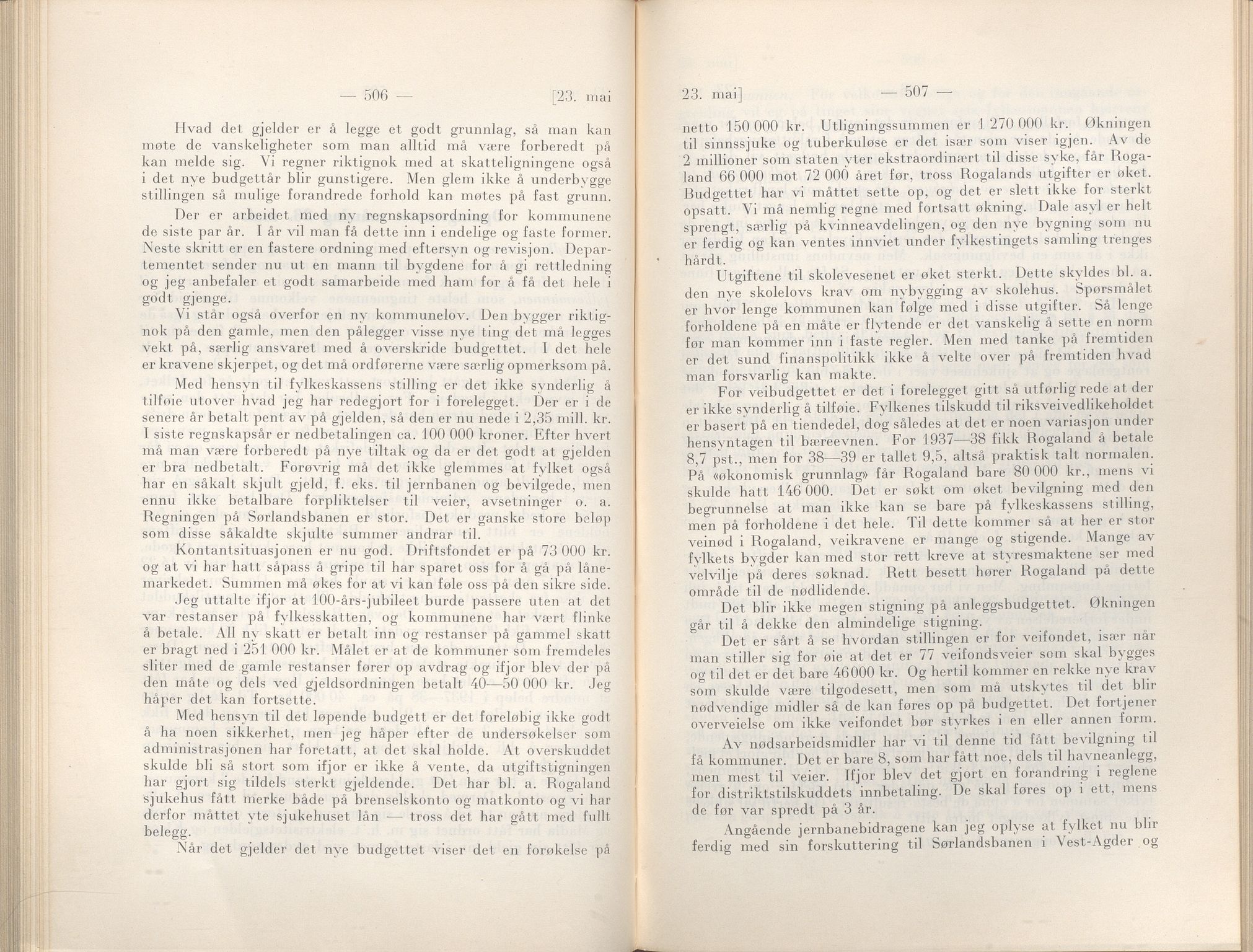 Rogaland fylkeskommune - Fylkesrådmannen , IKAR/A-900/A/Aa/Aaa/L0057: Møtebok , 1938, p. 506-507