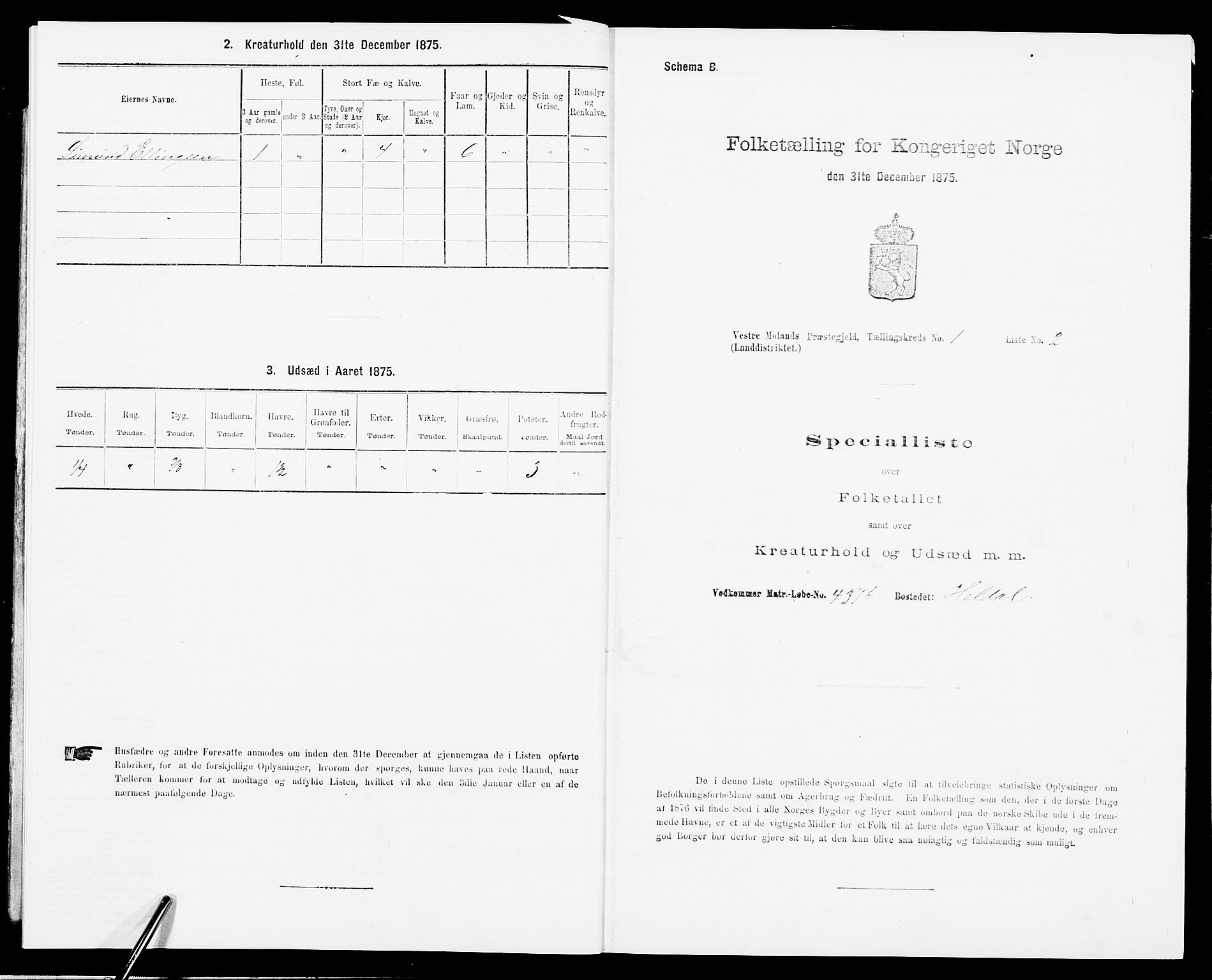 SAK, 1875 census for 0926L Vestre Moland/Vestre Moland, 1875, p. 44