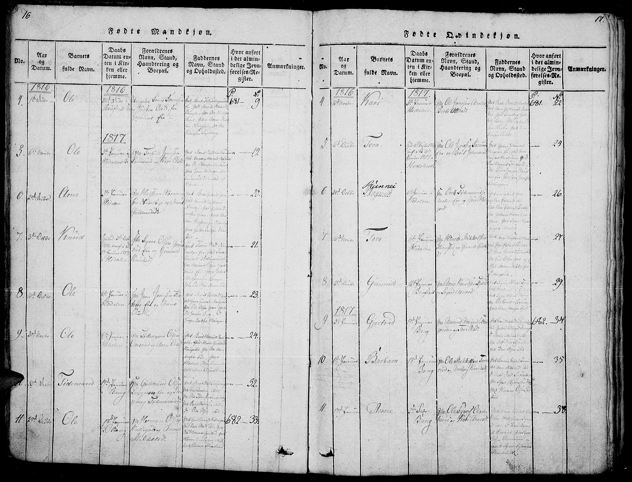 Sør-Aurdal prestekontor, SAH/PREST-128/H/Ha/Haa/L0002: Parish register (official) no. 2, 1815-1840, p. 16-17