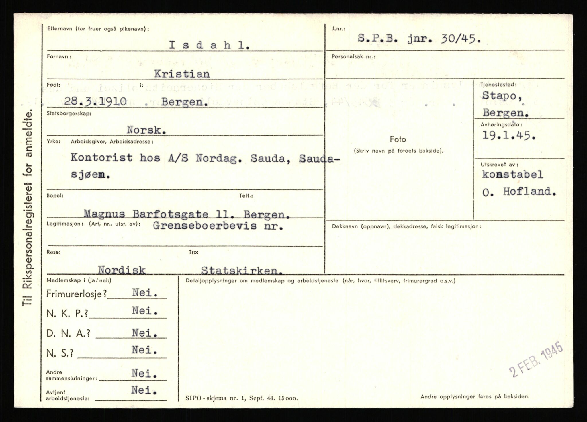 Statspolitiet - Hovedkontoret / Osloavdelingen, AV/RA-S-1329/C/Ca/L0007: Hol - Joelsen, 1943-1945, p. 2591