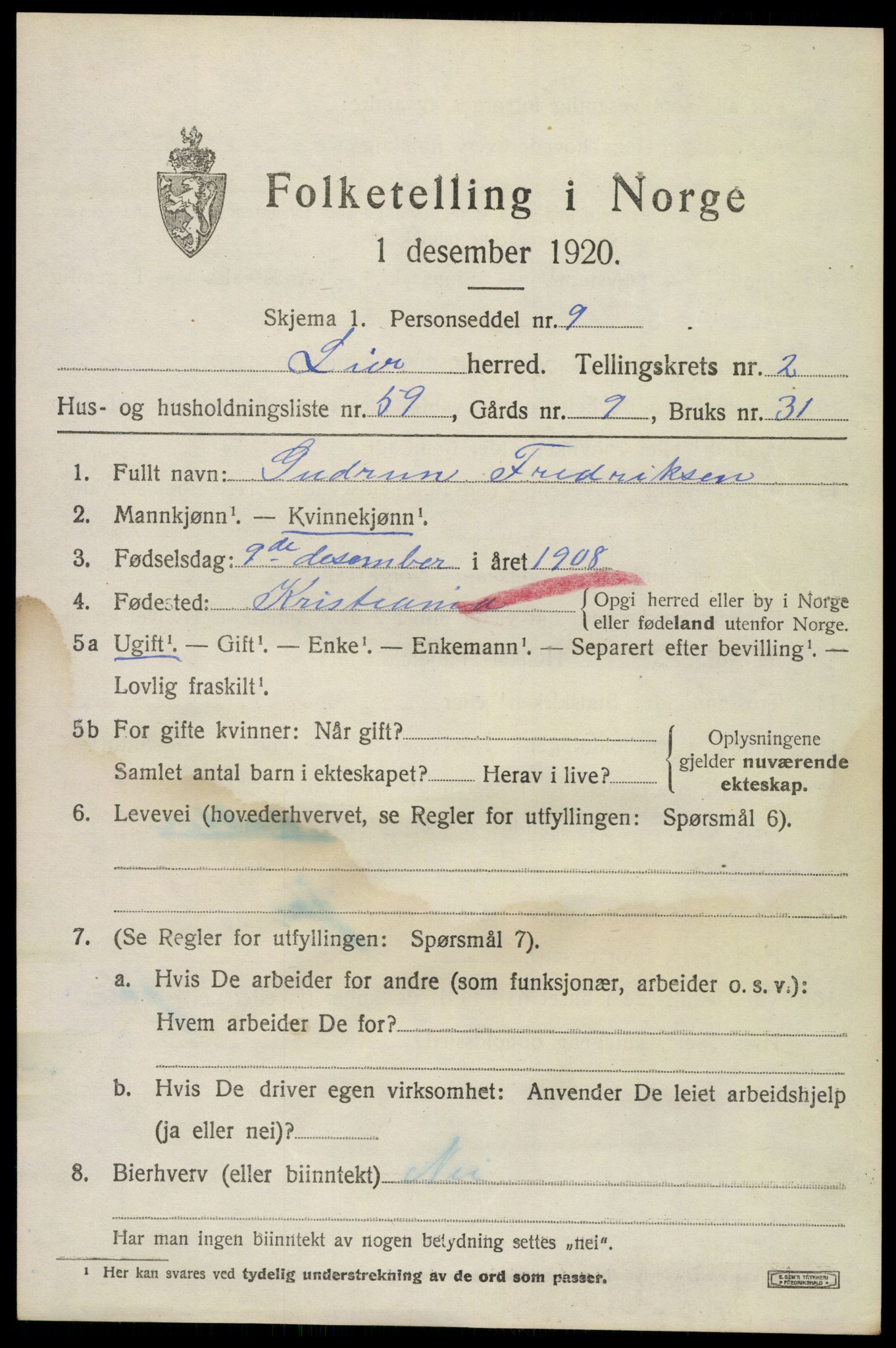 SAKO, 1920 census for Lier, 1920, p. 5356