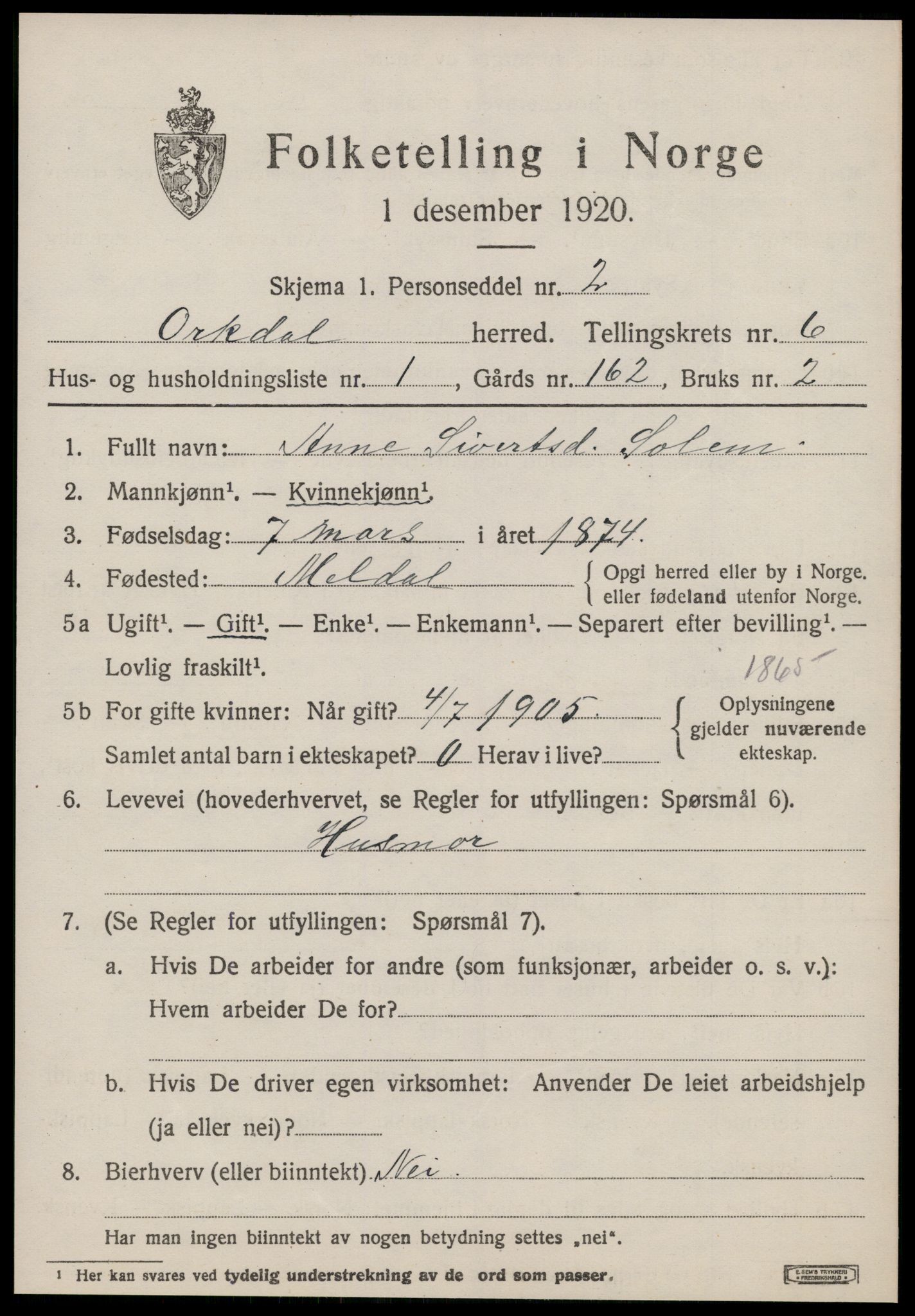 SAT, 1920 census for Orkdal, 1920, p. 5276