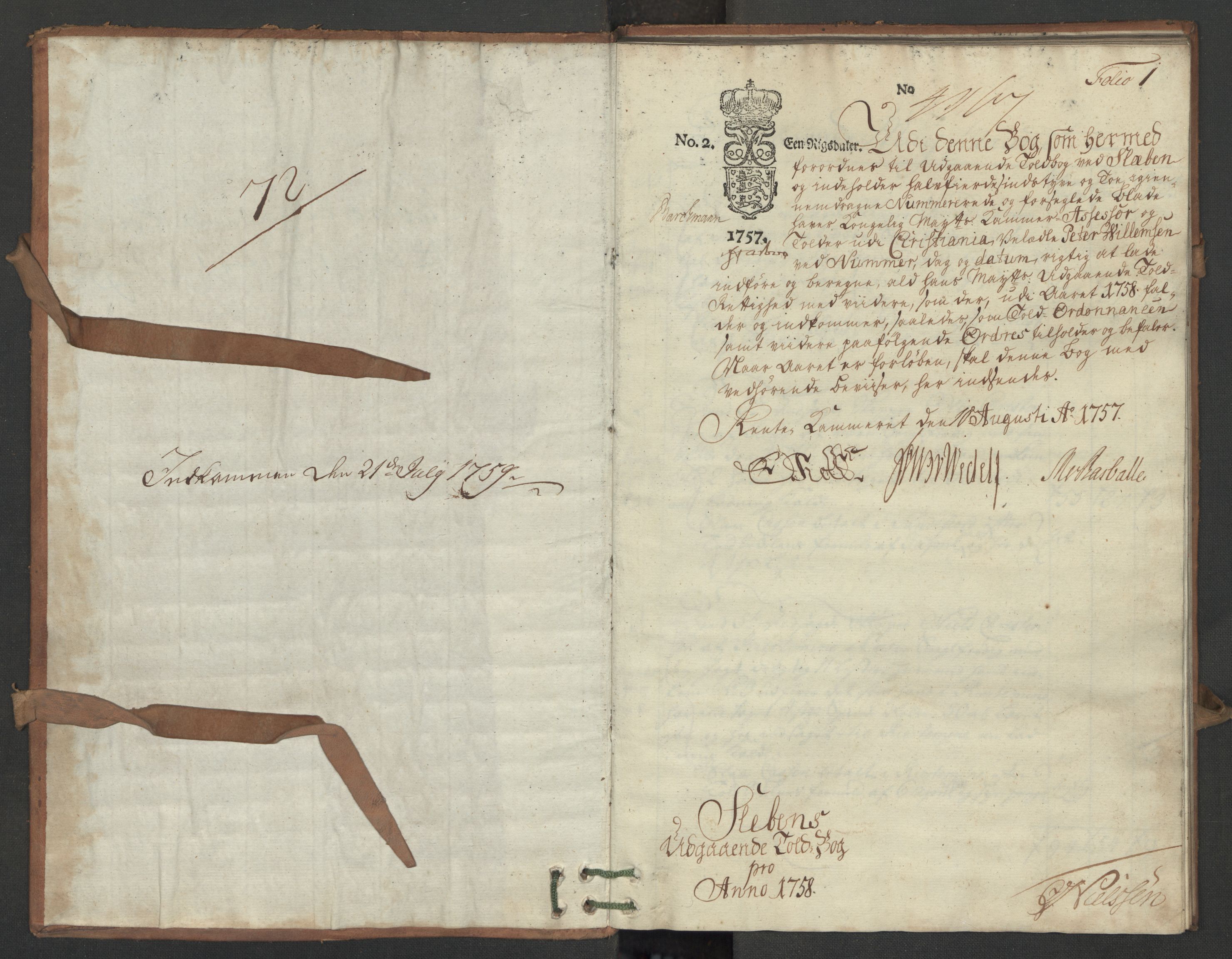 Generaltollkammeret, tollregnskaper, AV/RA-EA-5490/R06/L0047/0002: Tollregnskaper Kristiania / Utgående hovedtollbok Slependen, 1758